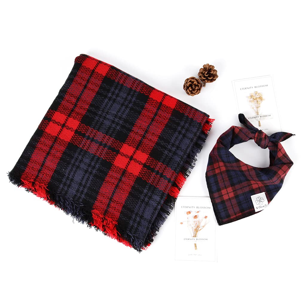 E-Clover Christmas Dog Bandanas Matching Owner Scarf Plaid Dog Bandana Bibs with Tartan Scarves Shawl for Medium Large Dogs Girl Mom Outfit Red Blue