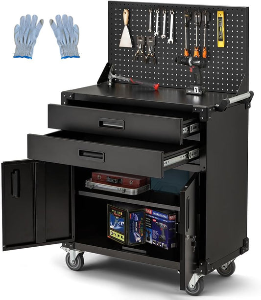 JFHID 52'' Work Bench for Garage with Pegboard Drawers and Cabinets Heavy Duty Metal Frame Tool Bench for Shop Kitchen Cabinets Organizer Work Table with Wheels