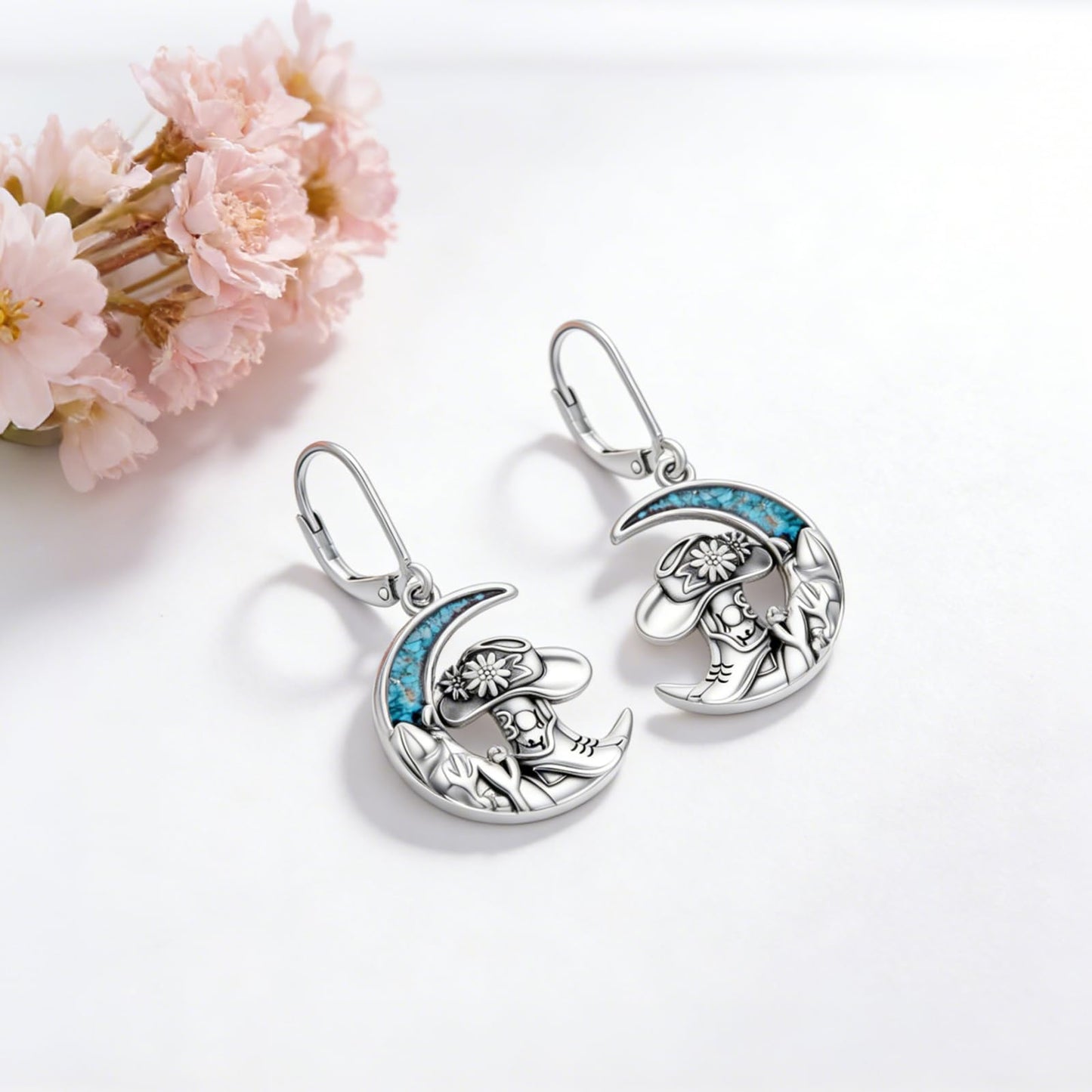 YYmqmq Western Cowboy Boot Earrings for Women 925 Sterling Silver Moon Dangle Leverback Earrings Turquoise Western Jewelry Gifts for Women Cowgirl Lovers