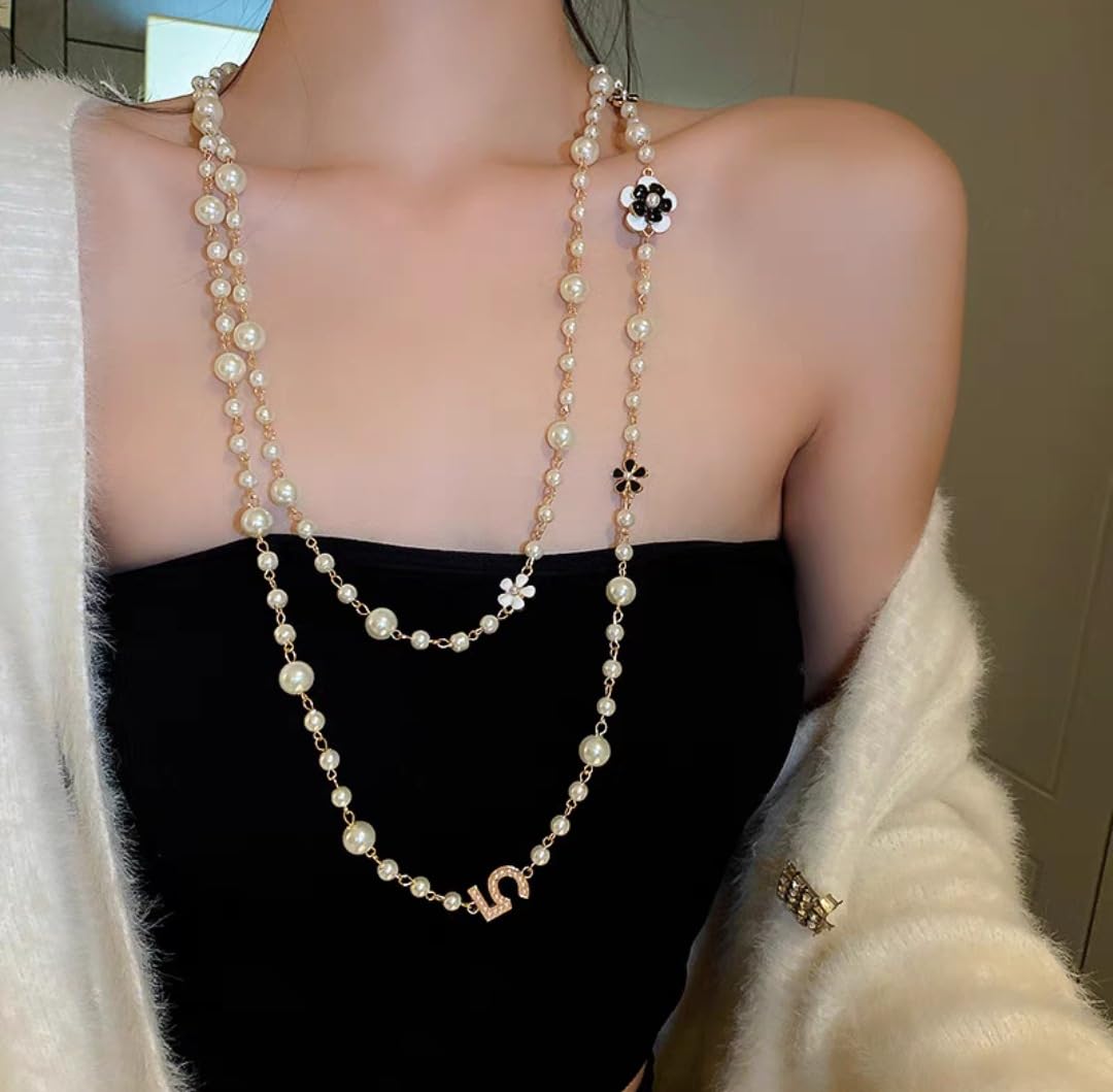 Long Pearl Necklaces for Women Pearl Long Chain Necklace Dainty Gold And Long Pearl Necklaces Layered Pearl Necklace Statement Sweater Strand Chain Jewelry (5)