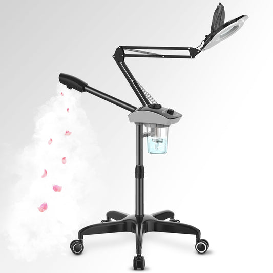 TASALON Professional Facial Steamer with 5X Magnifying Lamp, 2-in-1 Esthetician Steamer on Wheels with Ozone and Hot Mist, Ionic Facial Steamer for Facial Deep Cleaning and Moisturize