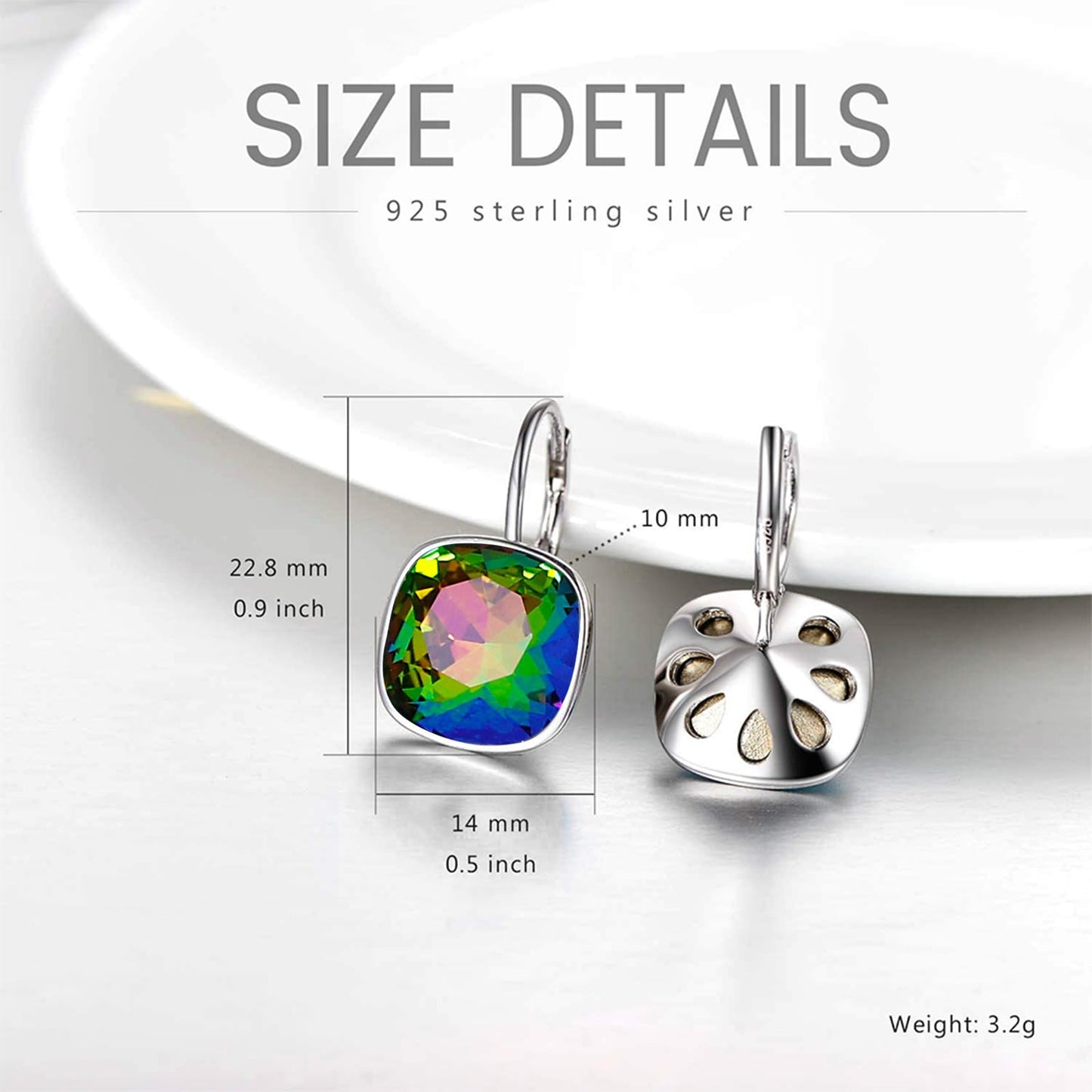 AOBOCO Sterling Silver Leverback Earrings Embellished with Crystals from Austria, Hypoallergenic Cushion Cut Square Crystal Earrings, Fine Anniversary Birthday Jewelry Gifts for Women (Colorful)