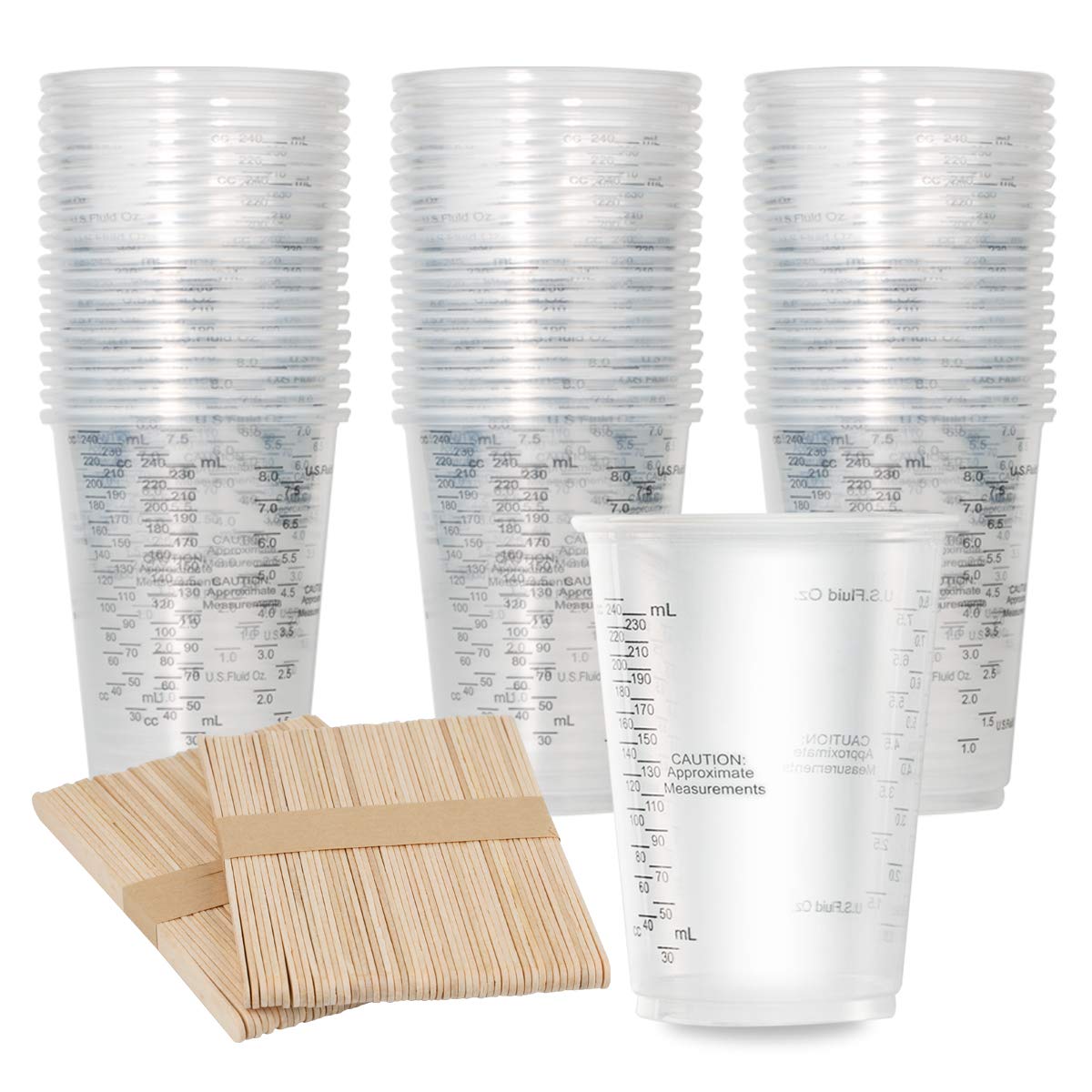 XUXU 100pcs 8oz Graduated Clear Plastic Measuring Cups with 100pcs Wooden Stirring Sticks for Mixing Paint, Pigments, Epoxy Resins, Resins