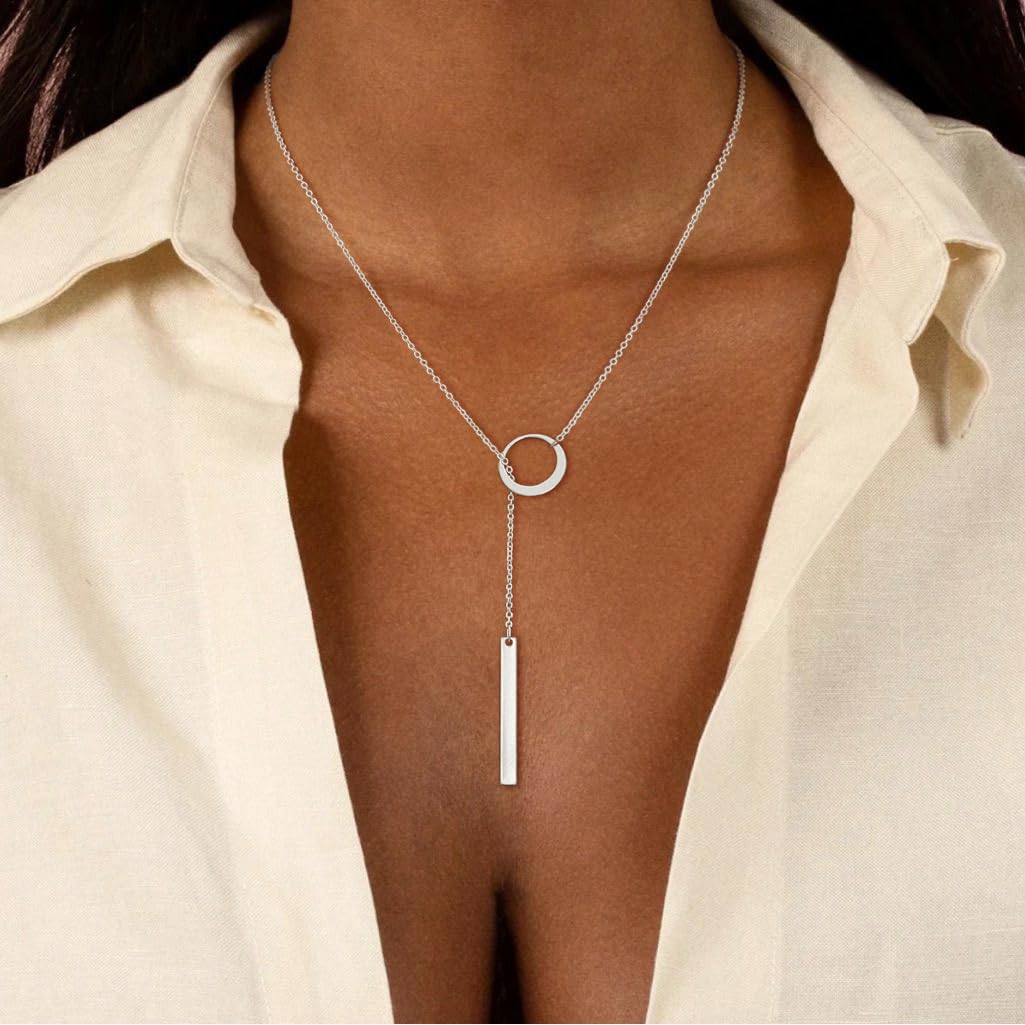 JIKASI Long Necklaces for Women Trendy Sterling Silver Plated Y Long Necklace Drop Bar Pendant Lariat Y-Shaped Necklace Silver Dainty Jewelry Gifts for Women