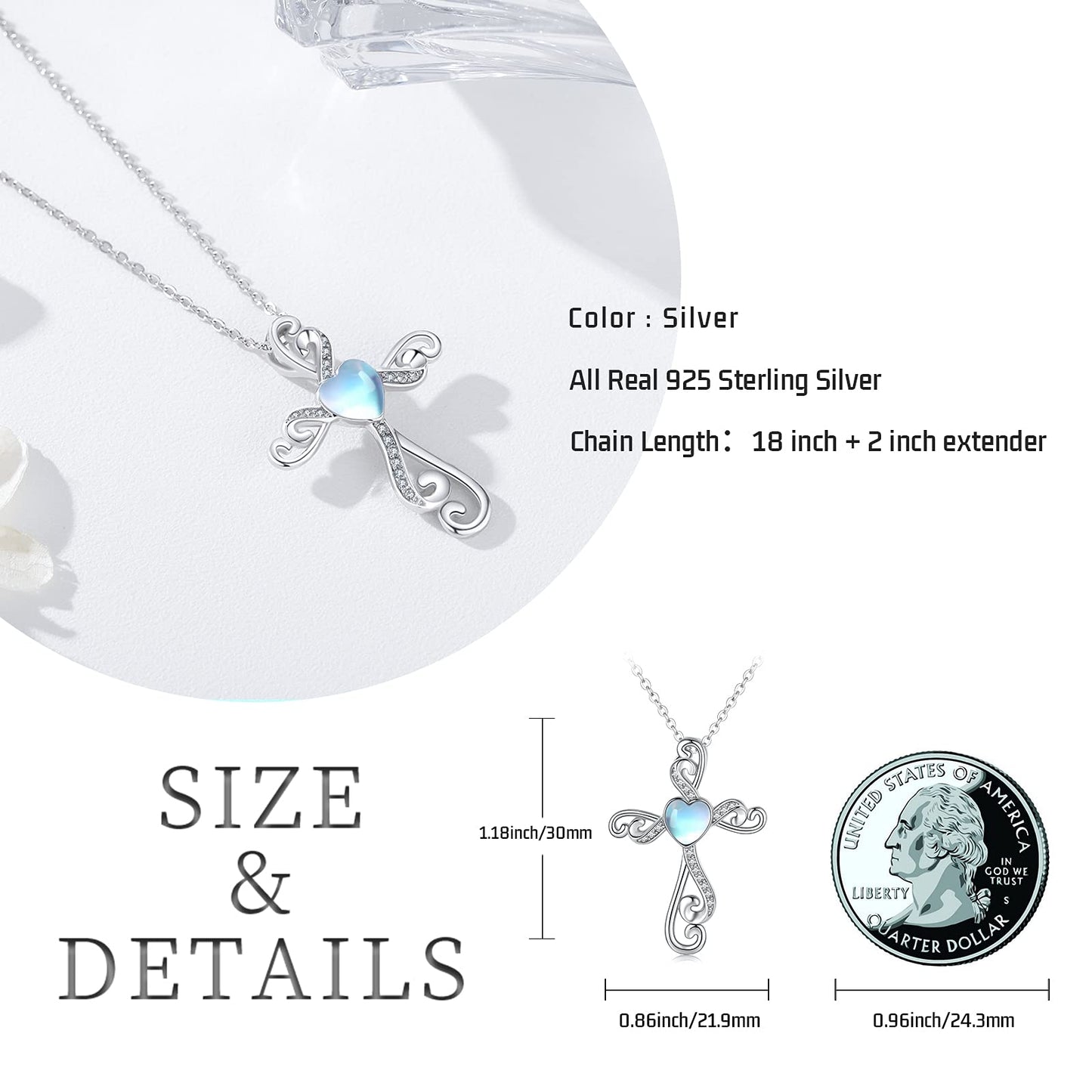 Twoowl Cross Necklace 925 Sterling Silver Moonstone Cross Pendant Necklace Religious Necklace Jewelry Gifts Christmas Birthday for Women Mom