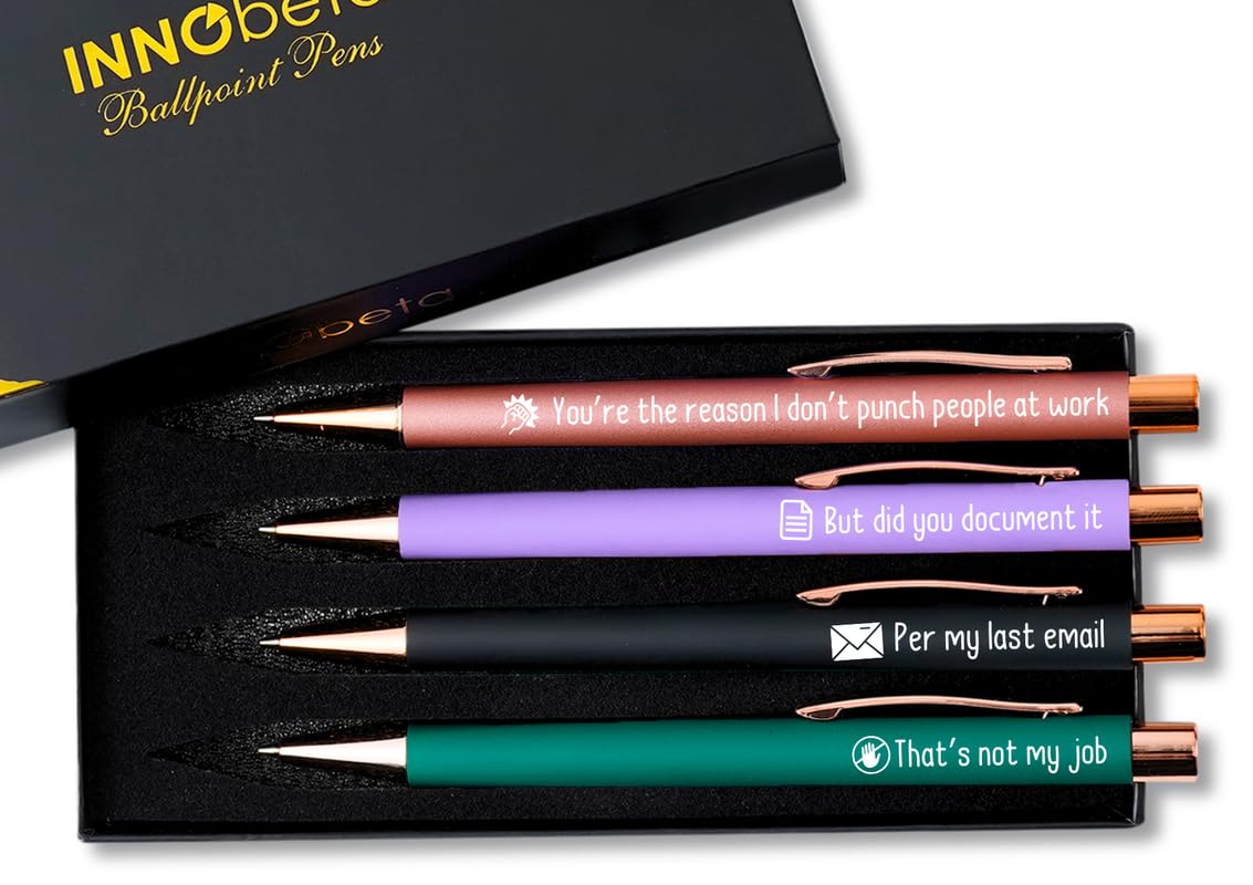 InnoBeta Farewell Gifts for Coworkers, Ballpoint Pen Set of 4, Coworker Leaving Goodbye gifts for women, Cool Funny New Job Presents for Birthday, Christmas - Punch - Gold