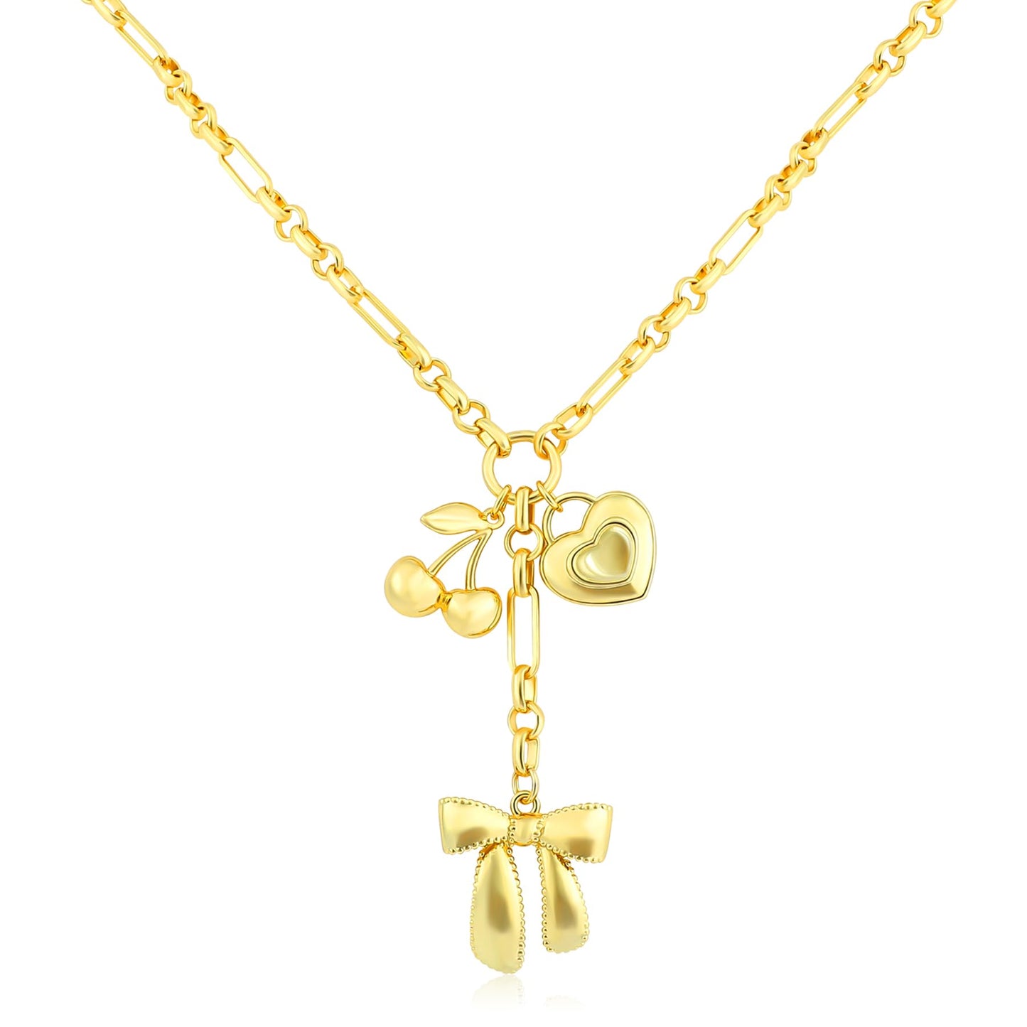 NEKOL Gold Cherry Love Heart Bow Charm Necklace for Women, Fun Gold Heart Key Bow Pendant Necklace with Long Chain Paper Clip Chain Cute Cherry Romantic Bowknot Ribbon Y Choker Jewelry Gift