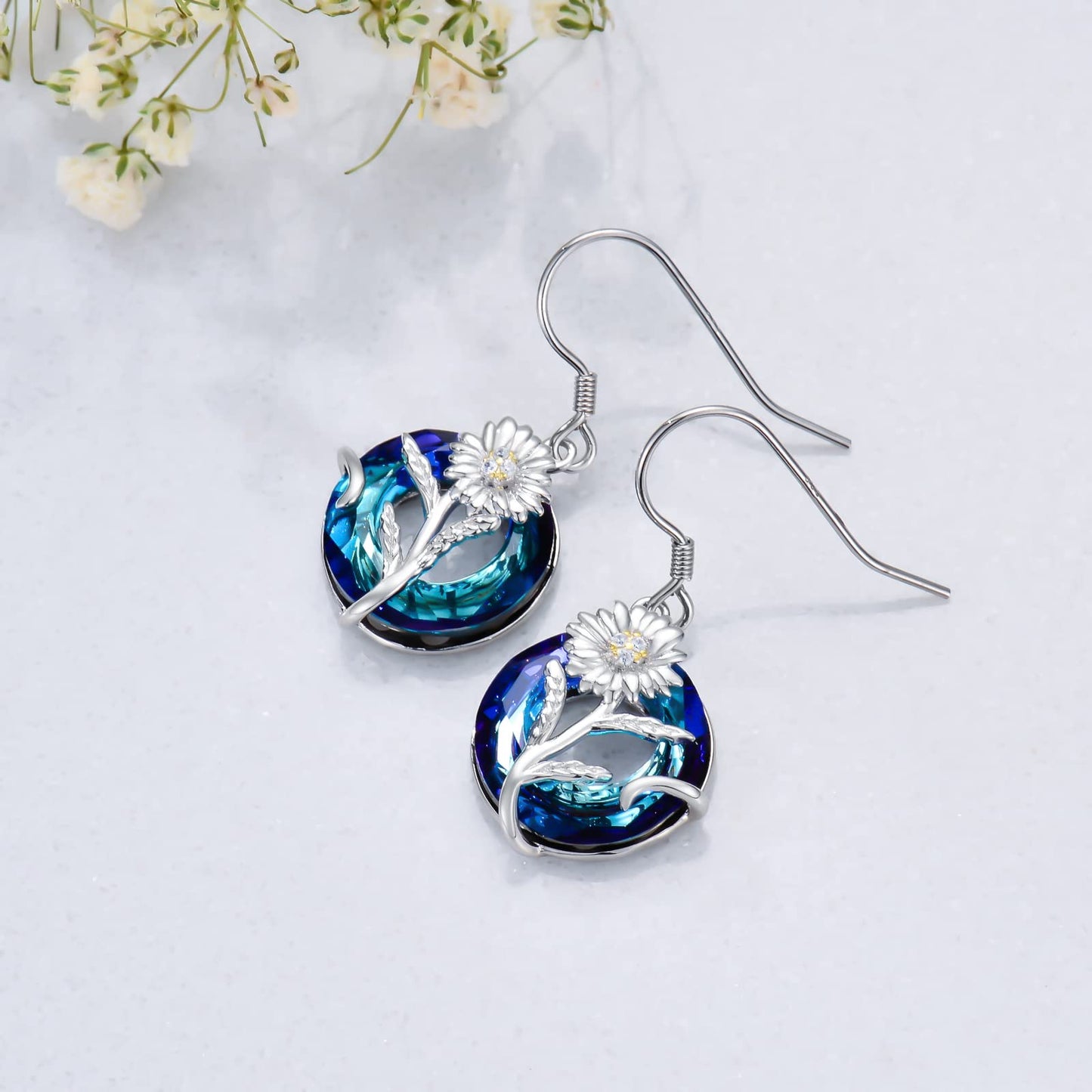 TOUPOP April Birth Flower Earrings Daisy Drop Dangle Earrings Blue Crystal Jewelry Birthday Mothers Day Gifts for Women Mom Her