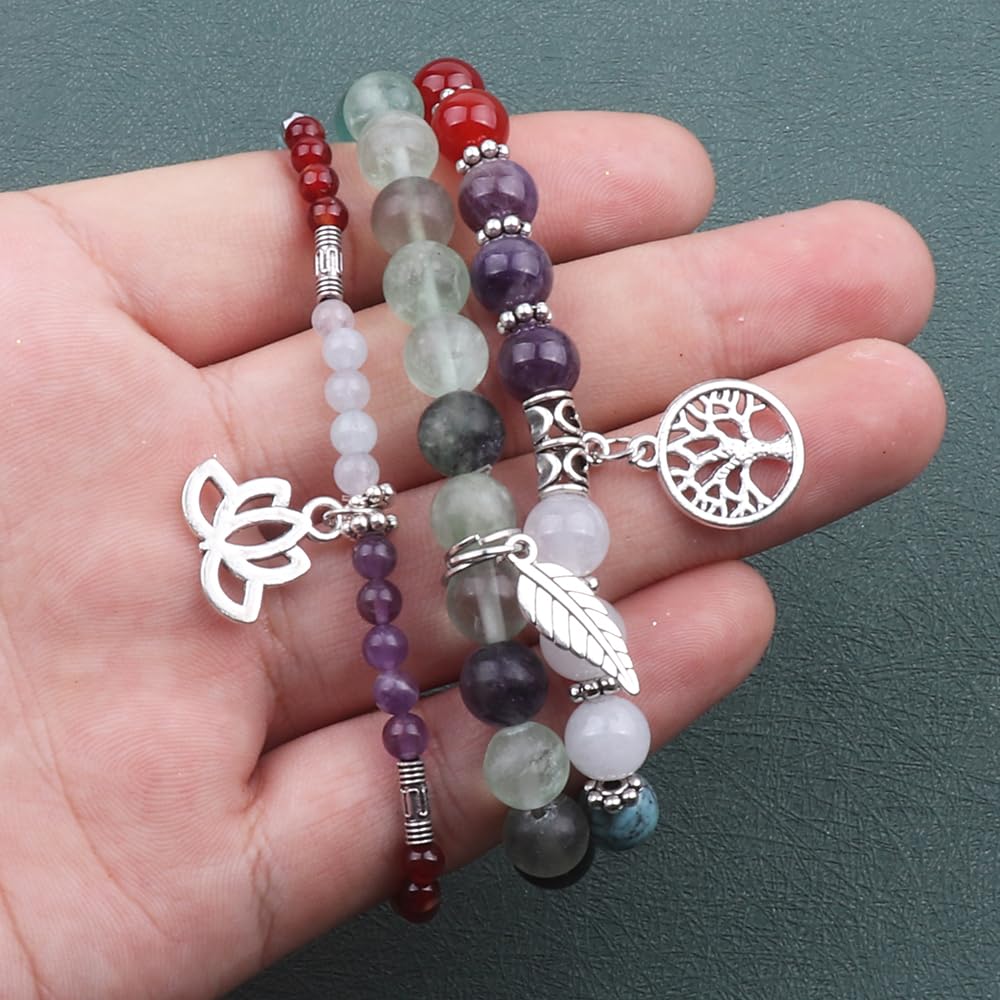 UEUC Tree of Life Yoga Healing Stone Bracelets, Multilayer Lotus Chakra Stone Reiki Bracelet Sets, Anxiety Crystal Natural Stone,for Women Stress Relief(#140)