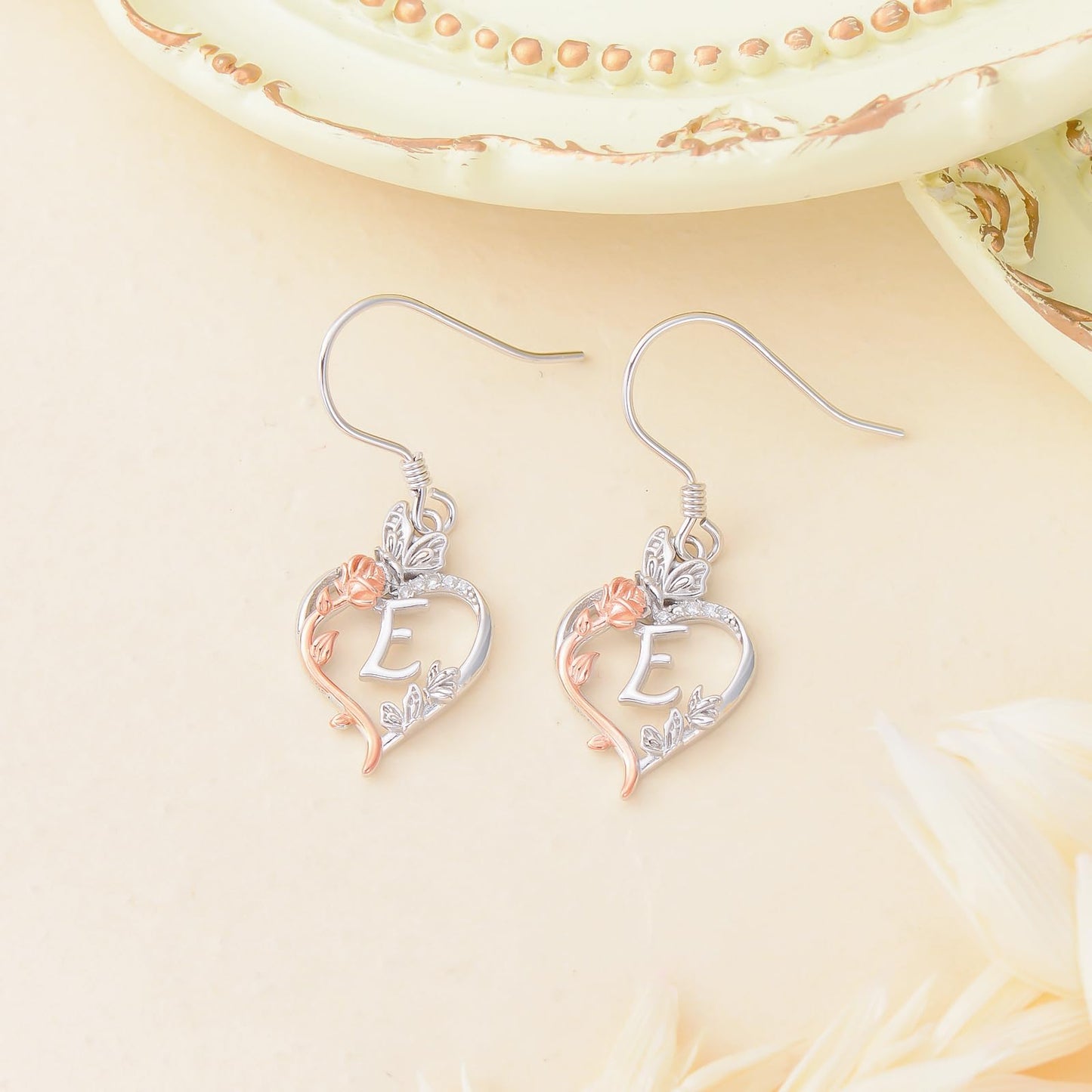 TOUPOP Rose Heart Initial Earrings Sterling Silver Butterfly Earring Initial E Letter Drop Dangle Earrings Jewelry Anniversary Birthday Mothers Day Gifts for Women Mom Wife Girlfriend Her