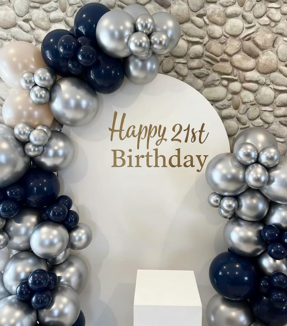 ADOINBY Navy Blue Silver White Balloon Arch Kit, Double Stuffed Pearl Sand White Royal Dark Blue Chrome Silver Confetti Balloons Garland Kit for Birthday Graduation 2026 New Years Party Decoration