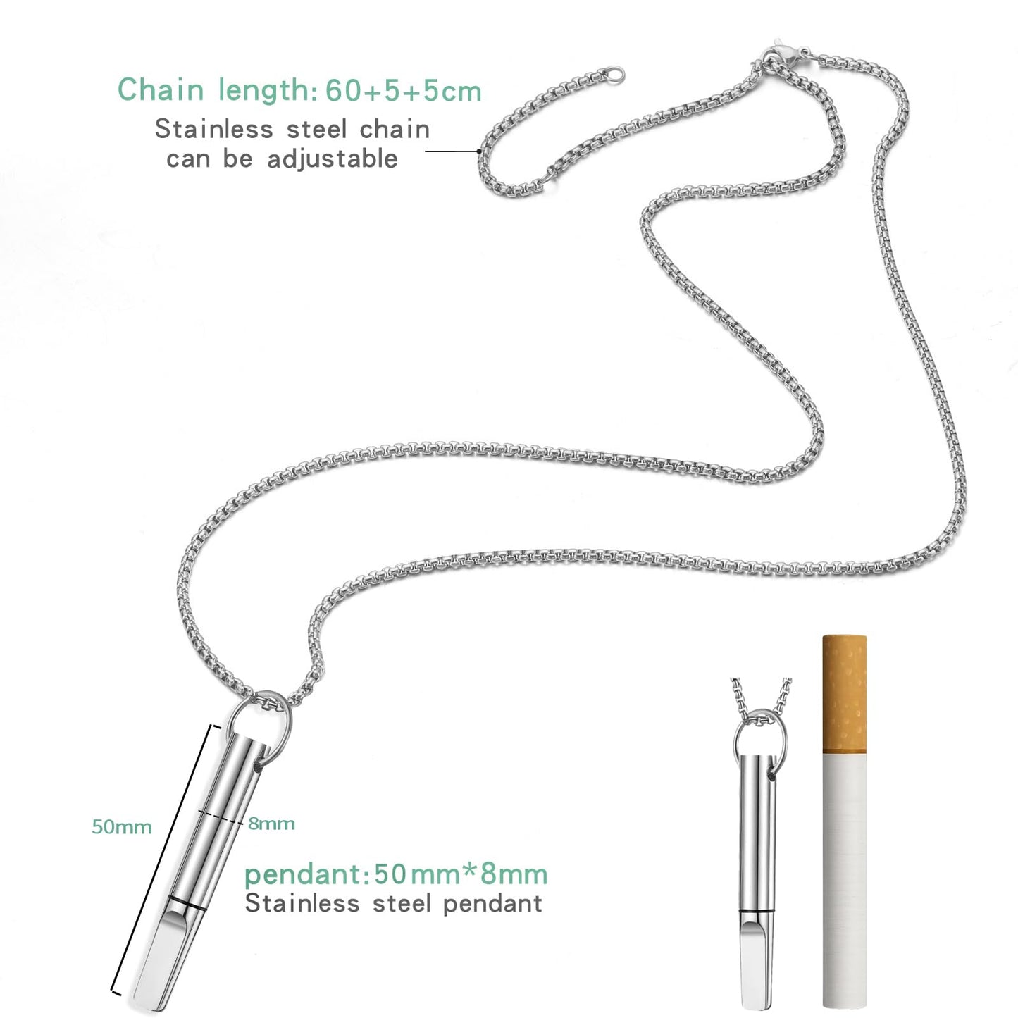 hooppoo Quit Smoking Necklace, Anxiety Relief Breathing Inhaler with Essential Oil Pad - Aromatherapy Diffuser Pendant for Smokers, Stainless Steel Necklace for Women & Men (Silver)