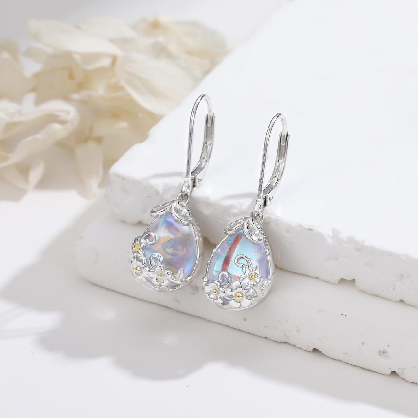 KoyeKei Plumeria Earrings for Women 925 Sterling Silver Plumeria Hawaii Moonstone Dangle Drop Leverback Earrings Hawaiian Jewelry Graduation Birthday Gifts for Girlfriend Her Lover
