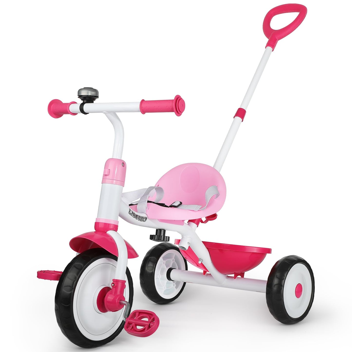 Liberry 2 in 1 Toddler Tricycle Age 2 3 4 Years Old, Kids Trike with Adjustable Push Handle, Bell & Basket, 3 Wheel Bike Riding Toy Birthday Gift for Girls Boys, Pink
