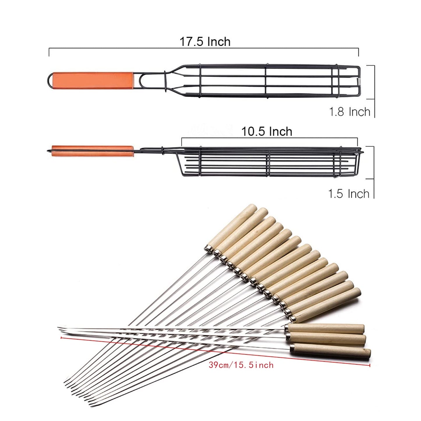 TQ-OUTDOOR Kabob Grilling Set - 6 Non-Stick Grill Baskets & 6 Stainless Steel Skewers - Long Handle, 15.5 Inch, Steel