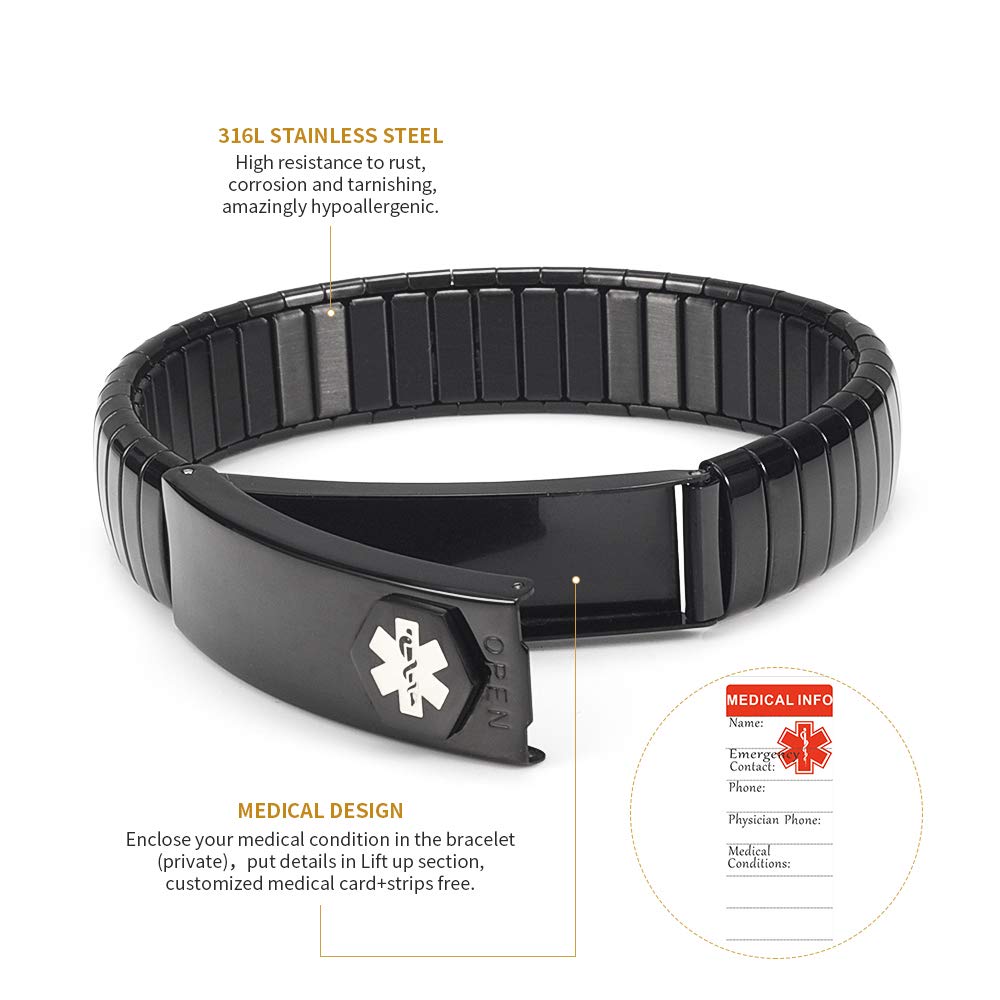 EnerMagiX Medical Alert Bracelet Men's Stainless Steel Personalized Adjustable Elastic Medical ID Bracelet 8.26'' (Black) for Diabetes, Allergies, Epilepsy, Penicillin, Writeable Cards