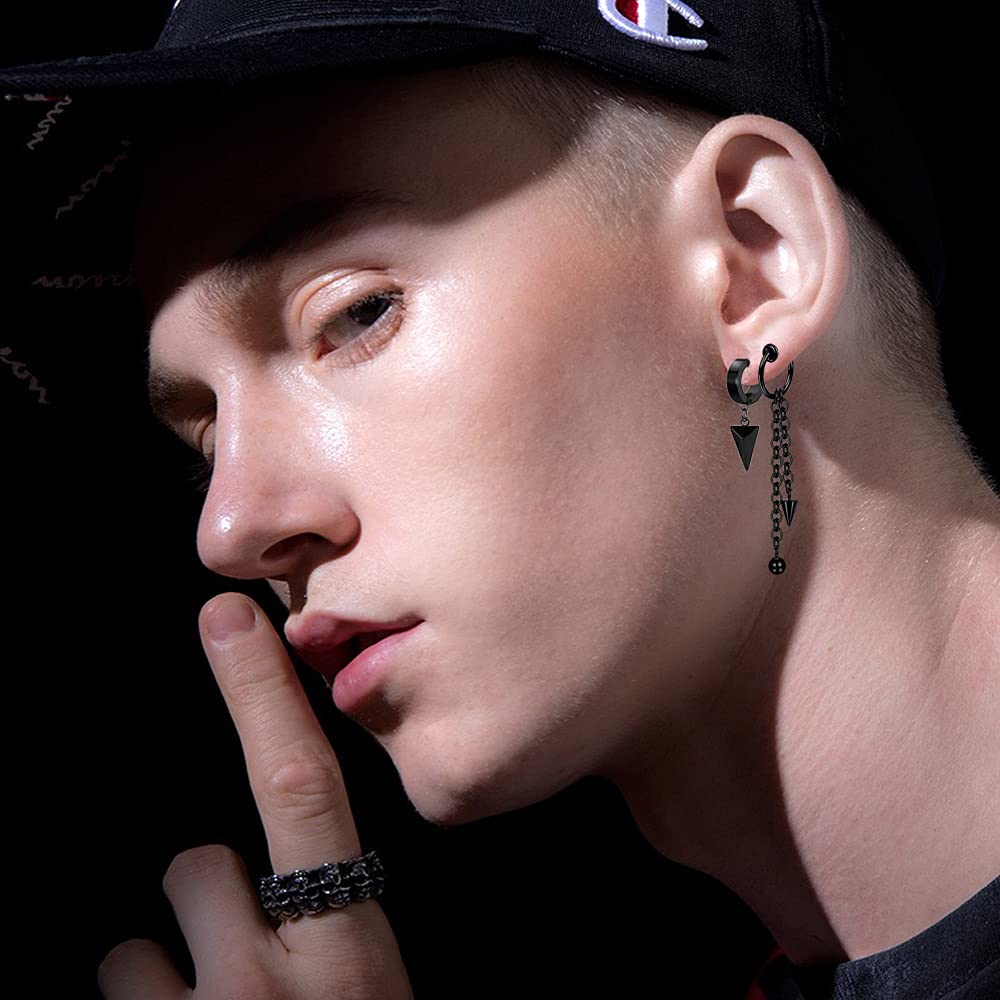 14 Pcs Black Punk Stainless Steel Fake Piercing Spike Rivet Cross Triangle Dangle Tassel Clip on Hoop Earrings Set for Women Men, Non Pierced Fake Stud Earrings (Black-Set A)