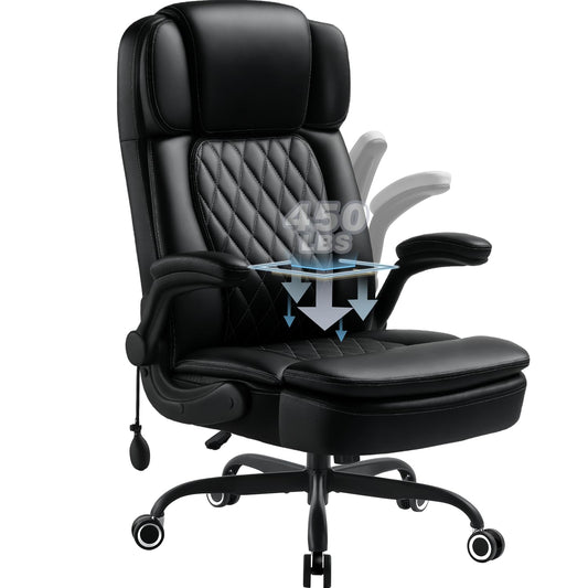 450LBS Big and Tall Executive Office Chair with Flip up Arm, Heavy Duty PU Leather Computer Desk Chair,Comfortable High Back Swivel Home Office Chair with Rolling for Adults,Spring Cushion,Metal Base