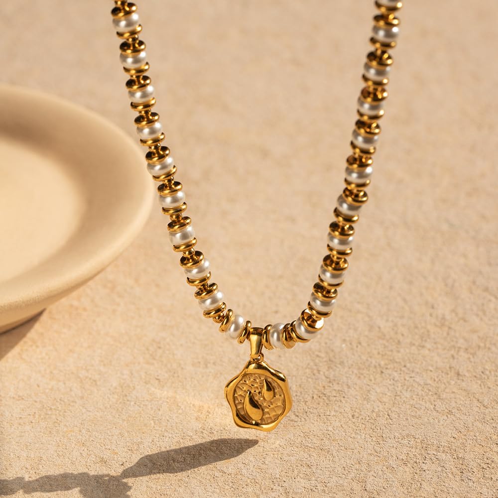 White Pearl Beaded Necklace Choker for Women 18K Gold Plated Stainless Steel Teardrop Coin Pendant Necklace Handmade Button Pearl Strand Vintage Jewelry 16’’