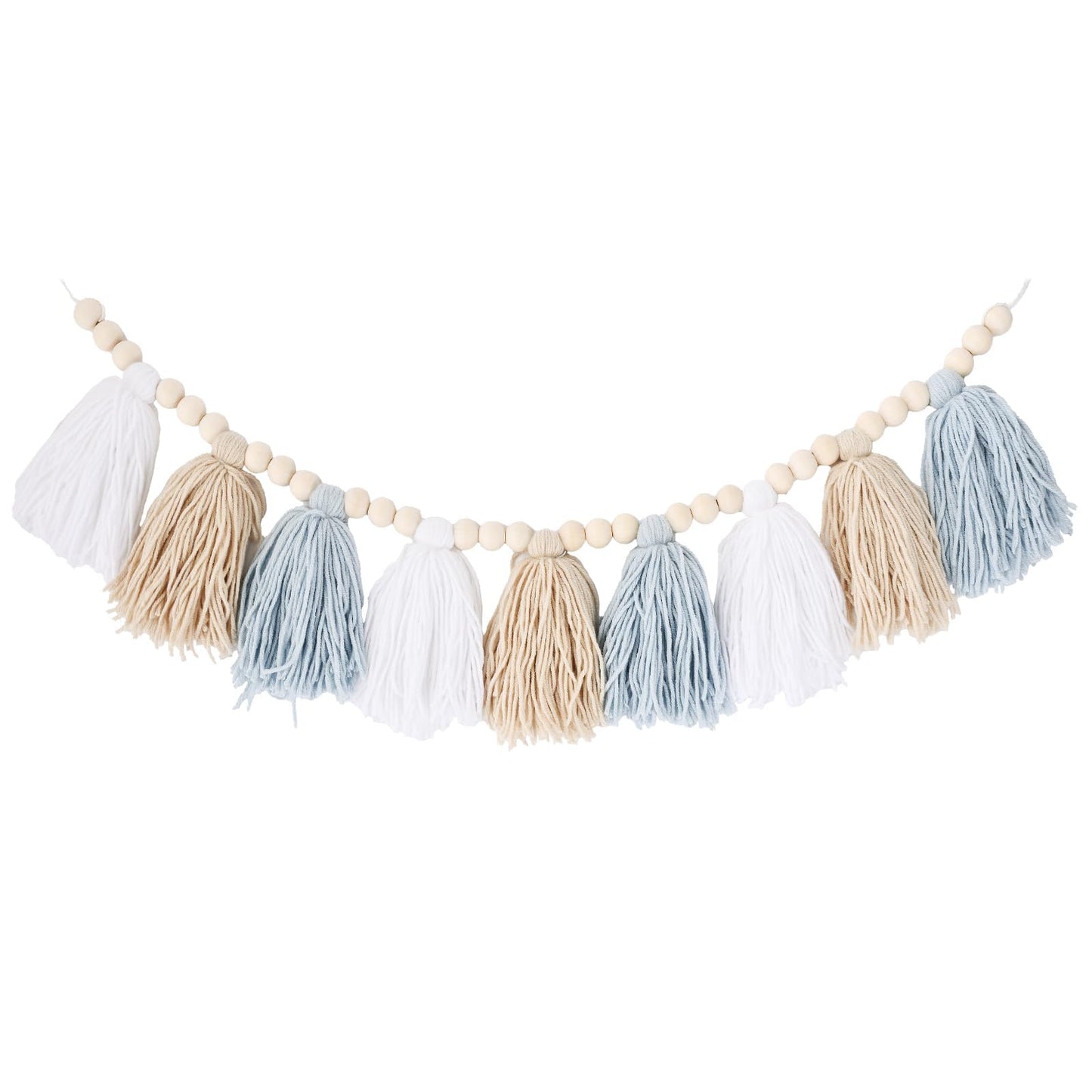 Coastal Boho Blue Tassel Garland Room Decor, Handmade Yarn Wood Beads Banner for Nursery, Baby Boy Shower Decorations for Wall Hanging, Classroom Decor, Birthday Party and Photo Backdrop
