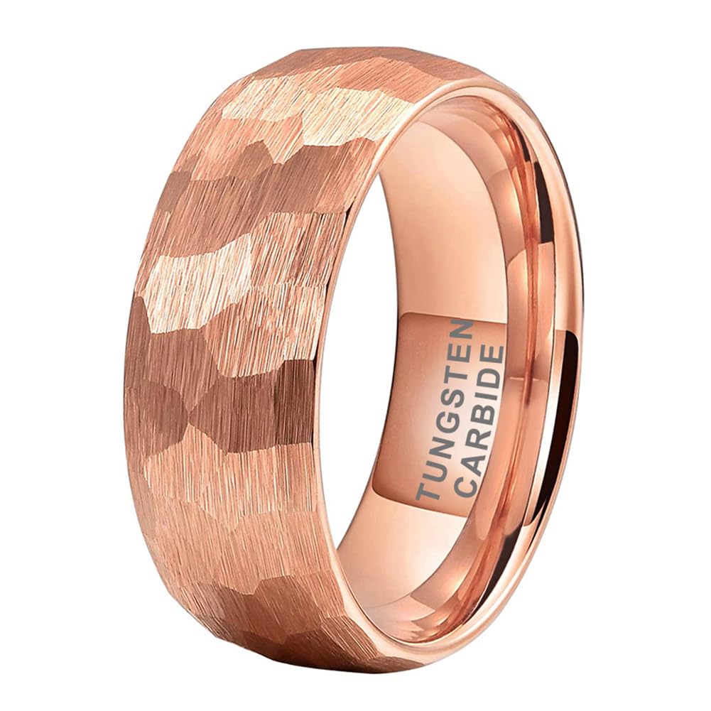 TUTISS 8mm Rose Gold Hammered Tungsten Rings for Men Women Engagement Wedding Bands Domed Matte Finish Comfort Fit Size 7
