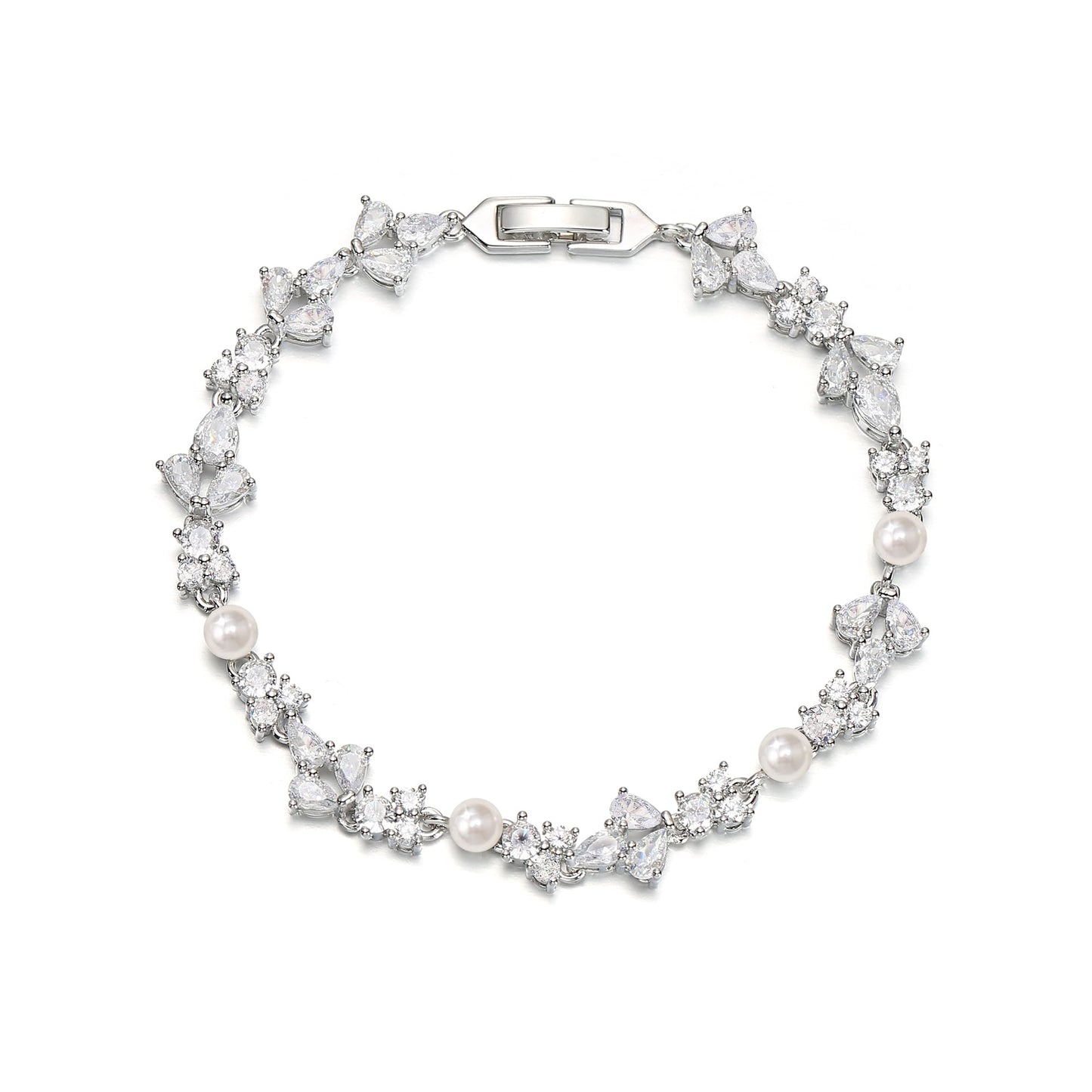 EVER FAITH Faux Pearl Wedding Jewelry for Bride Bridesmaid, Gorgeous Cubic Zirconia White Gold-Plated-Brass Cream Simulated Pearls Teardrop Tennis Bracelet for Women