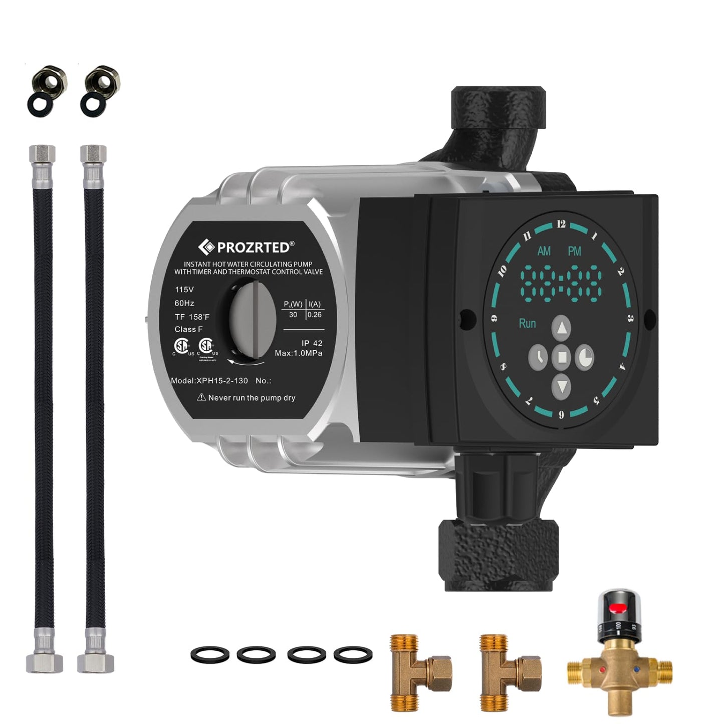 PROZRTED Instant Hot Water Circulating Pump with Built-in Digital Timer and Adjustable Thermostat Control Valve (From 68°F to 118°F),10 ft Cord, 2 Supply Lines