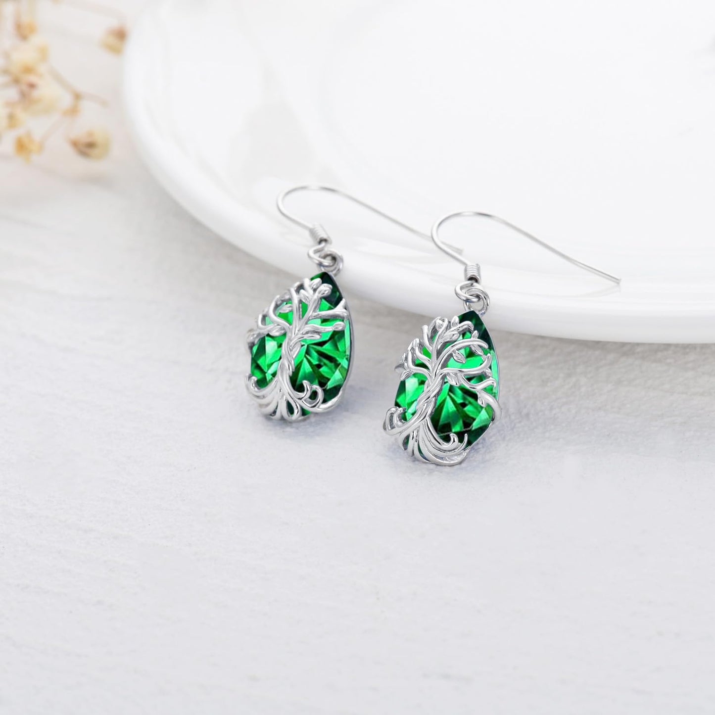 TOUPOP Emerald Tree of Life Earrings Sterling Silver Teardrop May Birthstone Earrings Family Tree Emerald Jewelry Birthday Mothers Day Gifts for Women Mom Her