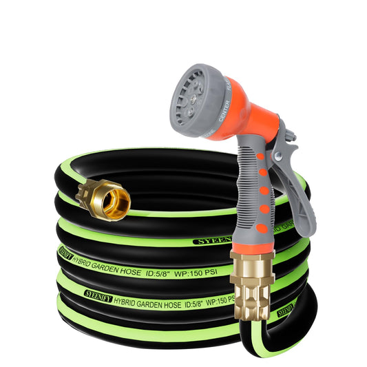 SYEENIFY Kink Free Garden Hose 25ft 5/8", Heavy Duty Hybrid Water Hose, Ultra Durable Flexible Rubber Hose with Sprayer Nozzle,Leakproof Yard Outdoor Hose with Brass Solid Connector