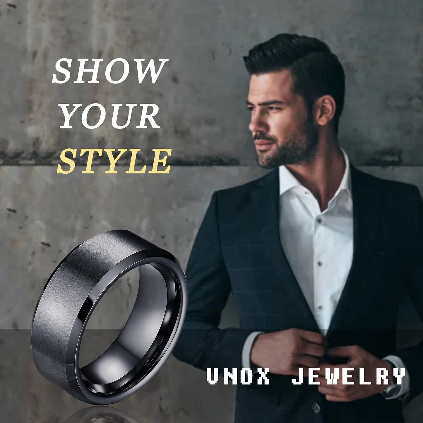 VNOX Mens 8mm Brushed Matte Tungsten Carbide Classical Simple Plain Personalized Custom Name Date Wedding Band Wedding Engagement Ring,Black,Size 11