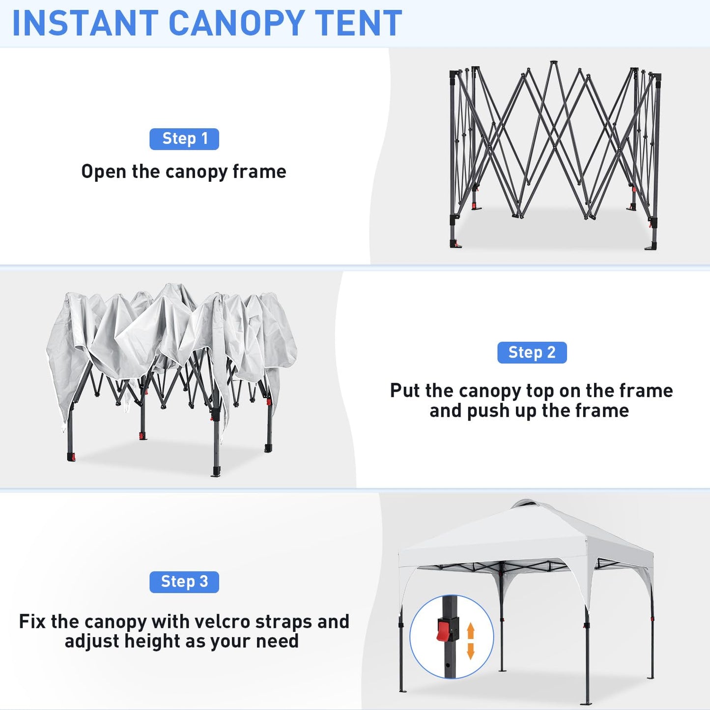 Oneofics Pop Up Canopy, 10x10 FT Instant Outdoor Canopy Tent with Carrying Bag, 3 Adjustable Heights - Portable for Event, Parties, Camping and More Outdoor Activities