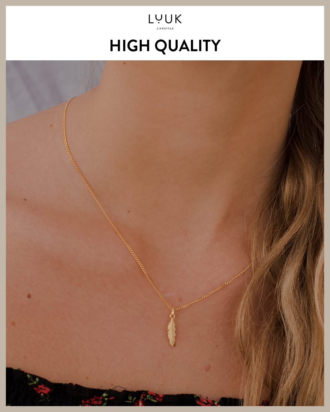 LUUK LIFESTYLE Necklace with feather pendant, 925 sterling silver chain and pendant, modern and minimalist fashion accessory, layer look, trendy boho style, jewelry gift idea for her, gold