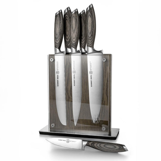 Schmidt Brothers - Bonded Ash 7-Piece Kitchen Knife Set, High-Carbon German Stainless Steel Cutlery, Ash Finish Wood Handles and Clear Acrylic Magnetic Knife Block