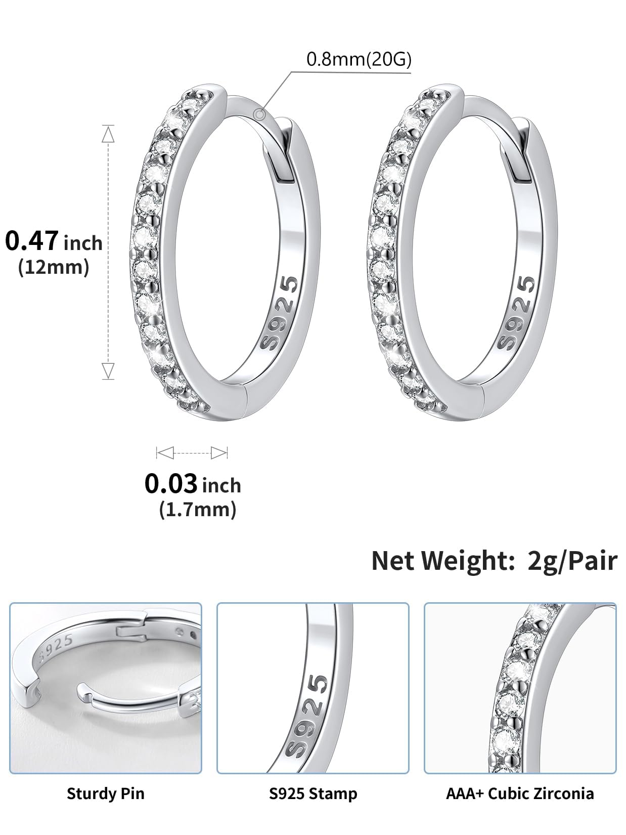SILVERCUTE 925 Sterling Silver Huggie Hoop Earrings for Women,Hypoallergenic Small Silver Hoop Earring Cubic Zirconia Cartilage Earring Lightweight Huggies Earrings for Women,8/10/12mm