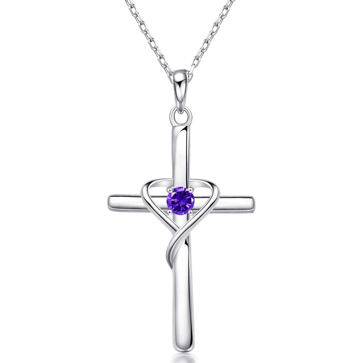 AmorAime 925 Sterling Silver Cross Necklace for Women Men 14K Gold Plated 5A CZ Birthstone Necklaces for Holiday (B.Purple-February-Amethyst)
