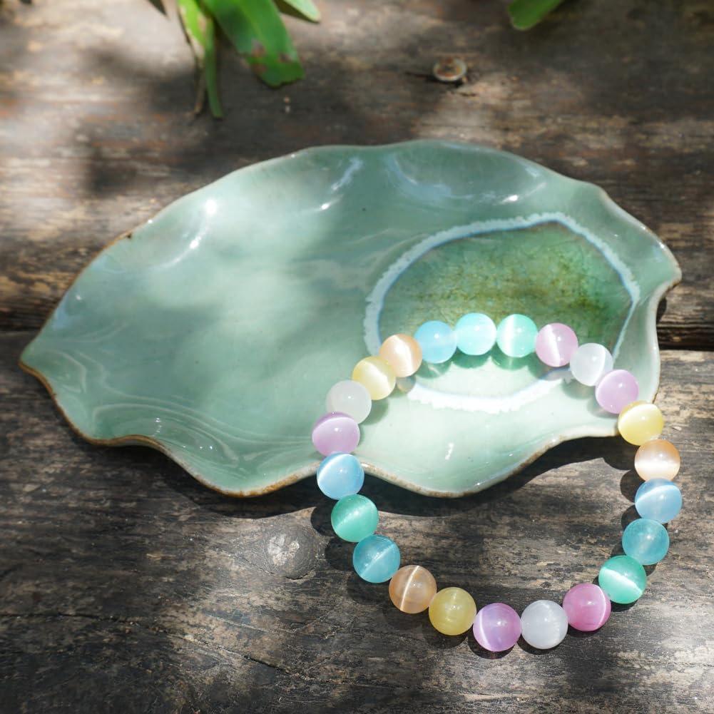 TaHLga 8mm Rainbow Selenite Bracelet - Iridescent Natural Crystal | Handmade Meditation Bracelet with Cat-Eye Effect | Come with Beading Tool Kit - Adjustable to 6.5-7.5 inches Wrist Size