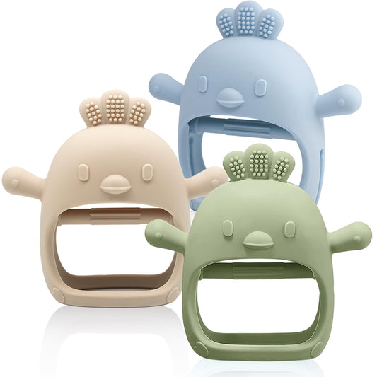 3 Pack Baby Teething Toy Silicone Teething Mitten for Babies Over 3 Months Anti Dropping Wrist Hand Teethers Baby Chew Toys for Sucking Needs, BPA Free (Olive, Caramel & Blue)