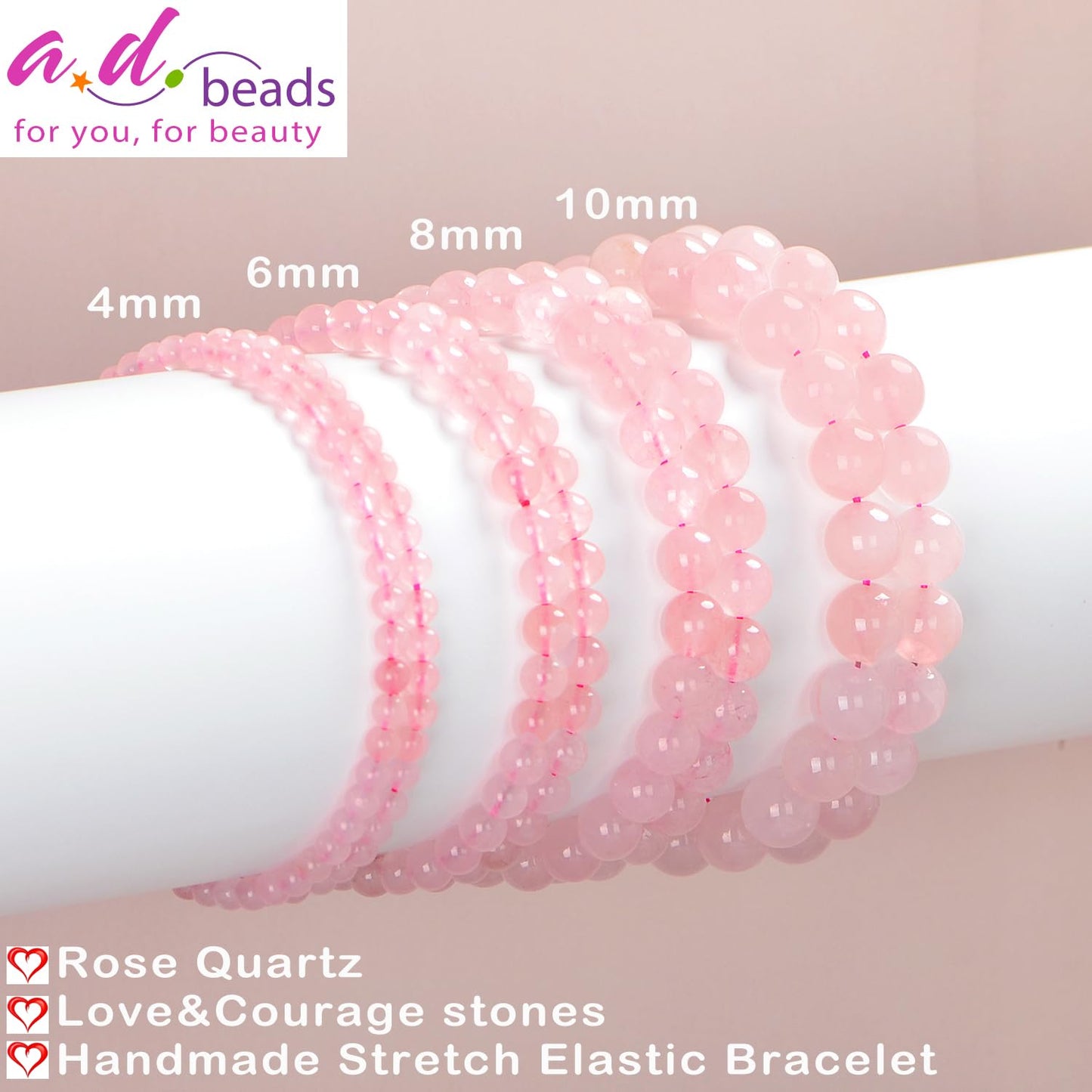 AD Beads Handmade Gemstone Stretch Elastic Bracelet Crystal Healing Reiki Nature's Beauty and Spiritual Essence Unisex (6mm, Rose Quartz)