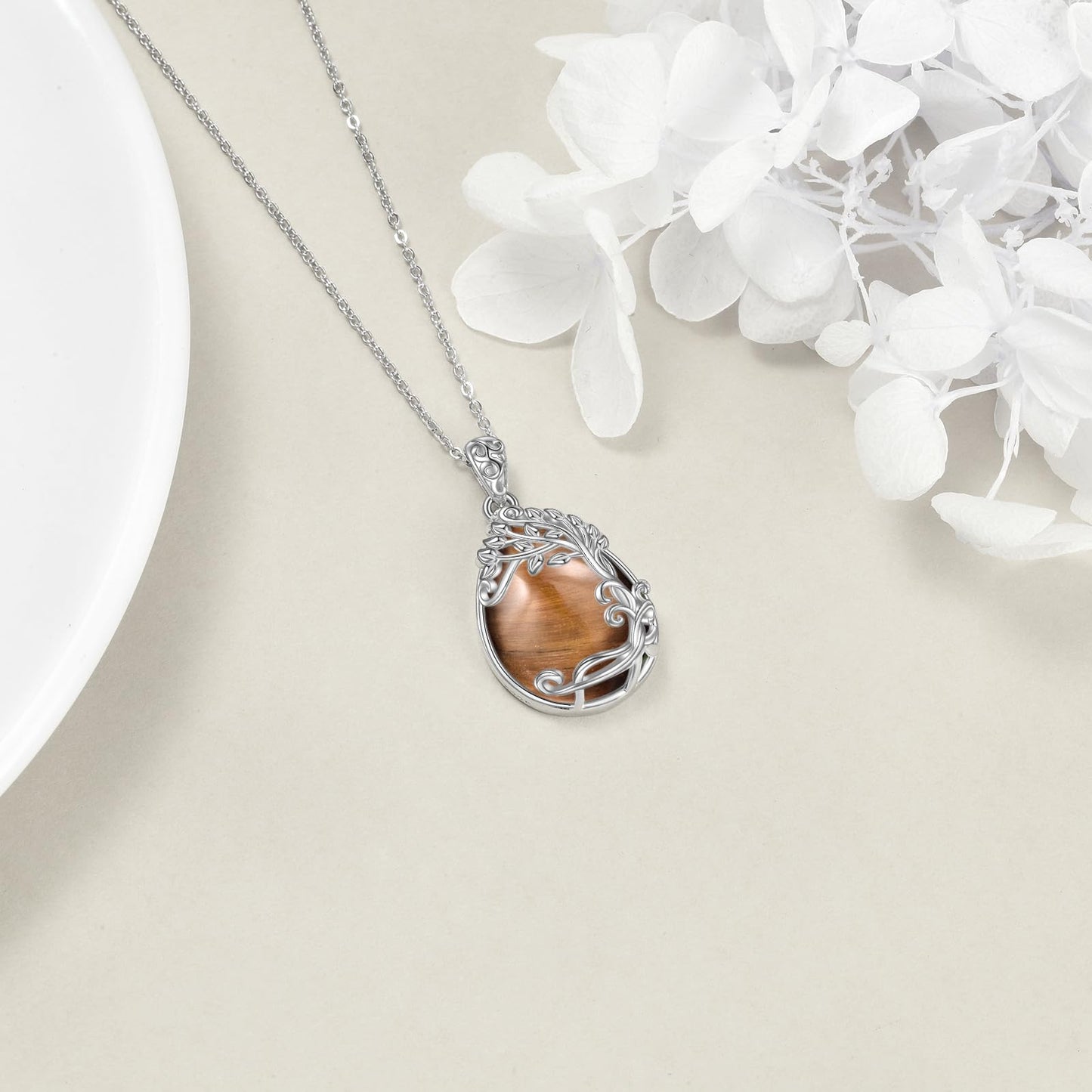YAFEINI 925 Sterling Silver Tiger Eye Stone Necklace Tree of Life Teardrop Pendant Necklace Jewelry for Women (XX-Tiger Eye Stone Tree of Life Necklace)