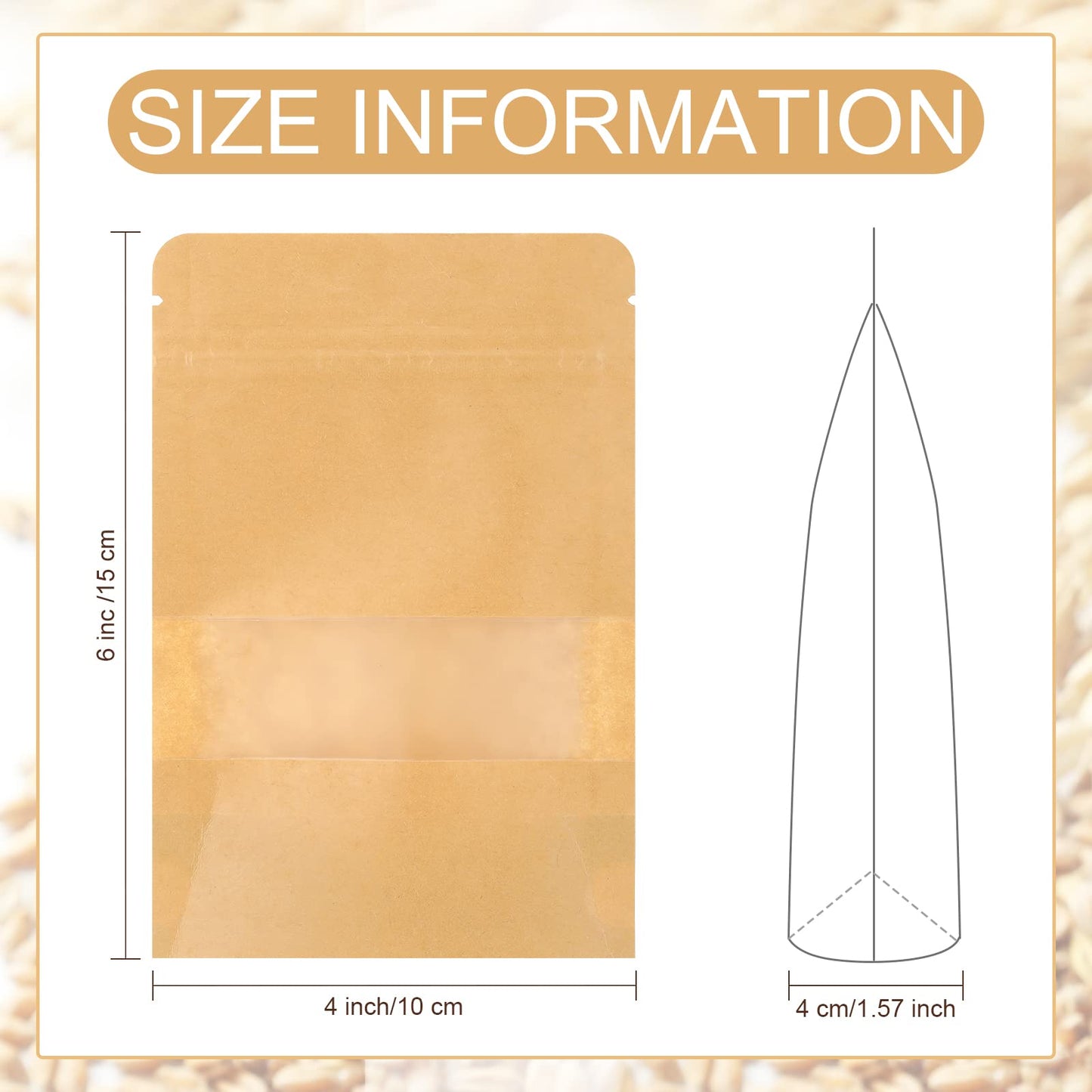 Leelosp 300 Pcs Kraft Bags with Window 4 x 6 Inch Kraft Stand up Reusable Pouches Food Storage Paper Bags Heat Sealable Zipper Sealing Pouches Bulk for Bakery Snack Home or Packaging Business(Brown)