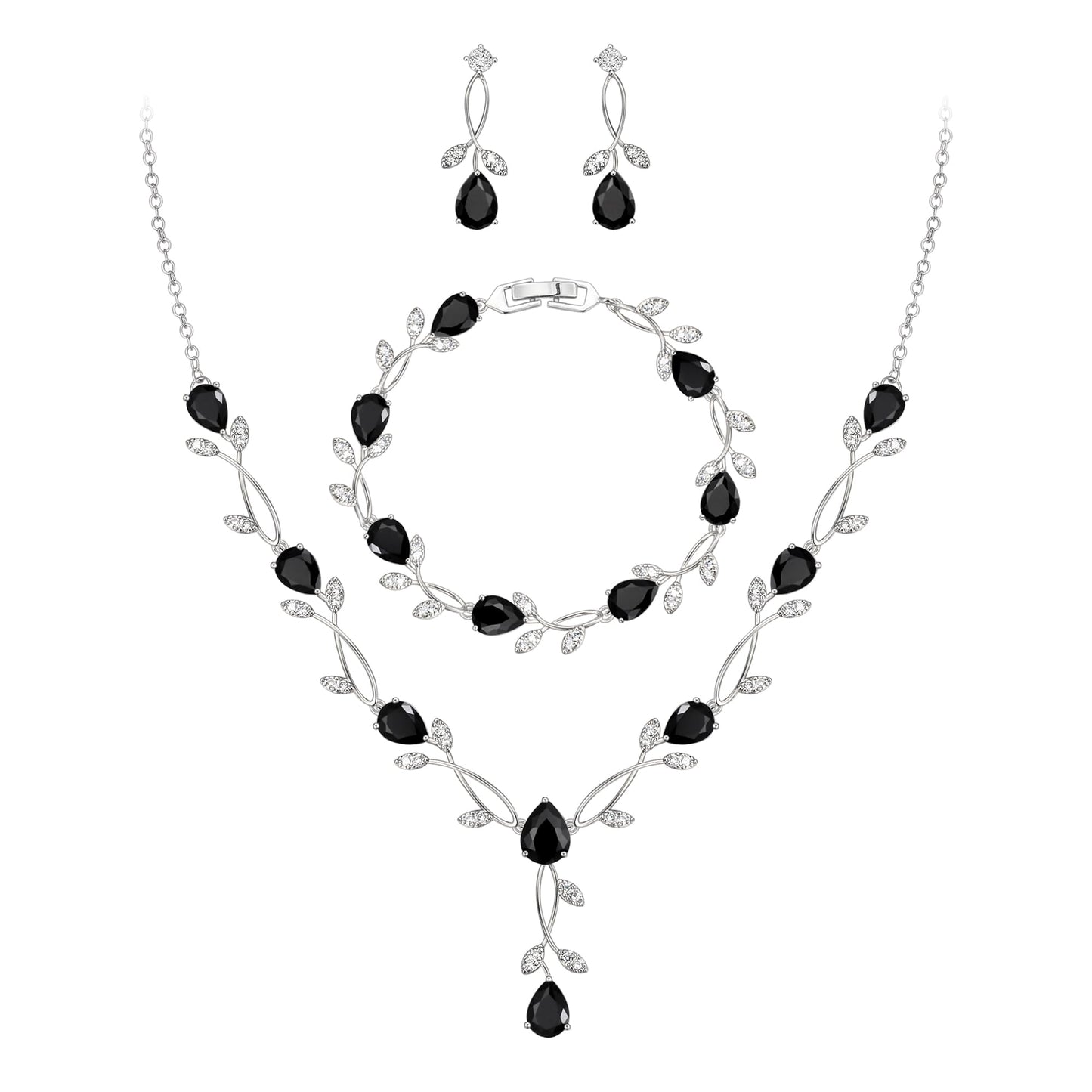 EVER FAITH Prom Party Jewelry Set for Bride Bridesmaid, Black Teardrop Cubic Zirconia Leaf Vine Bridal Necklace Dangle Earrings Bracelet Sets for Women