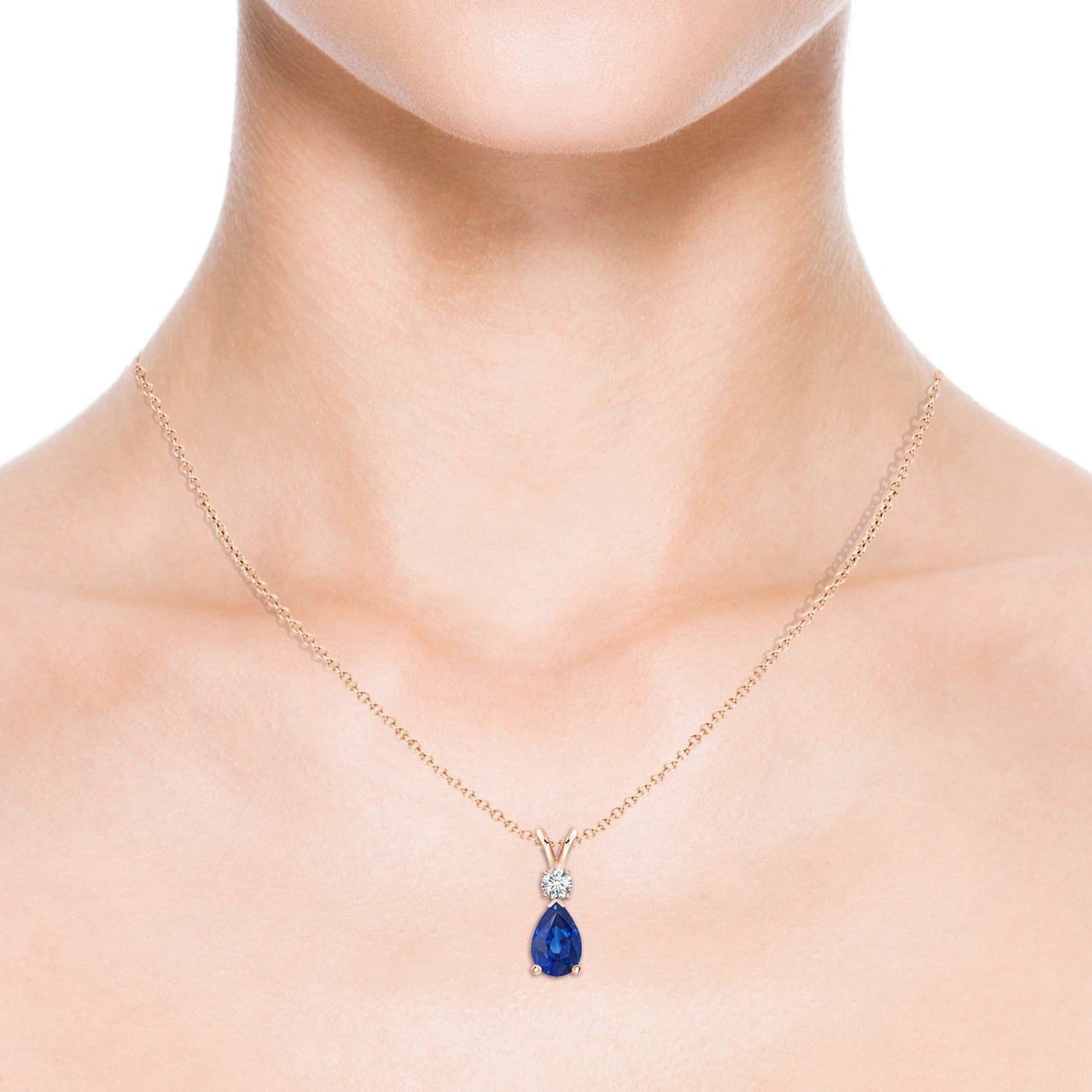 Angara Natural Blue Sapphire Solitaire Pendant for Women | Prong-Set Blue Sapphire Teardrop V-Bale Pendant with Diamond in Rose Gold | September Birthday, Gemstone Jewelry Gift | AAA | 6x4mm