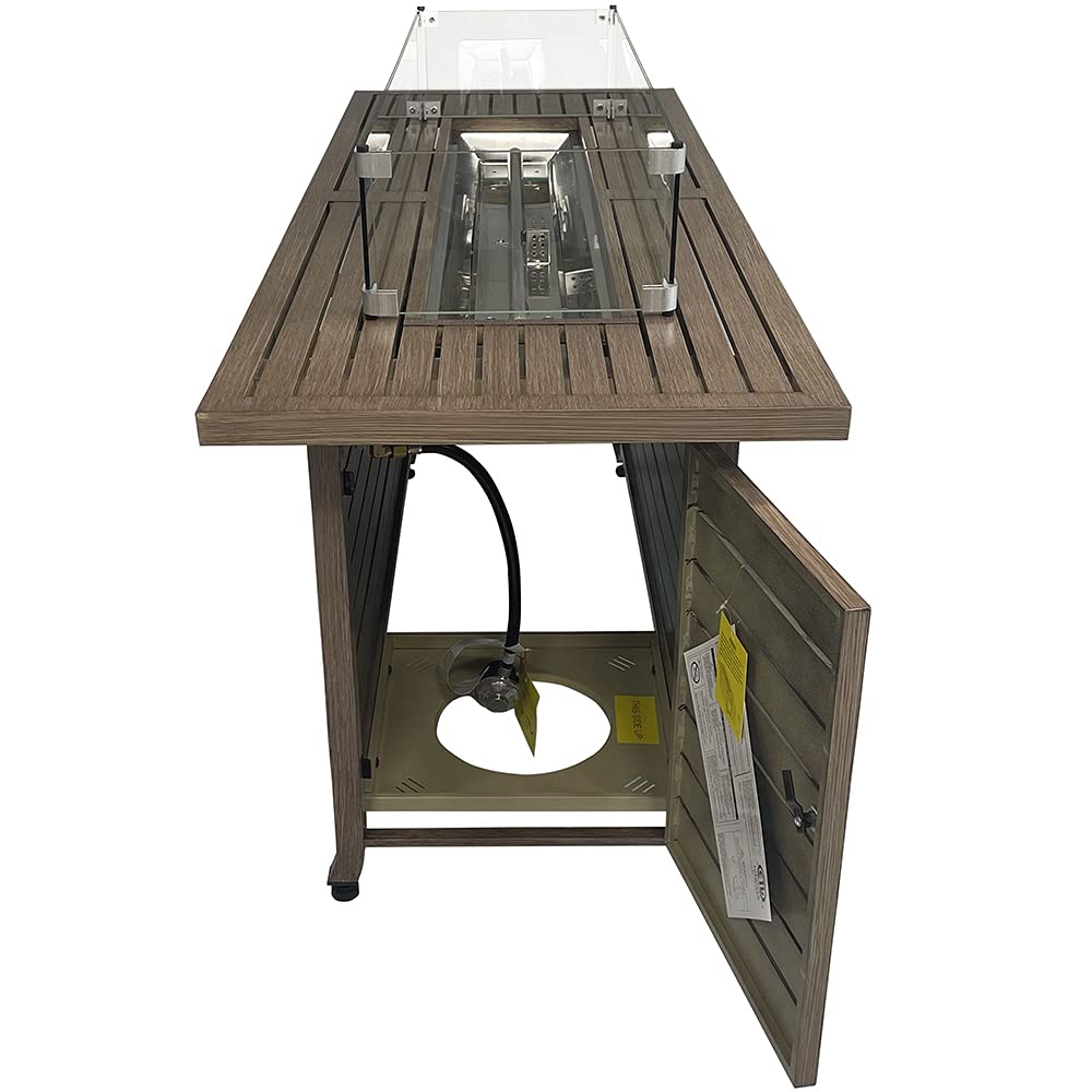 57 Inch 50000BTU Fire Table with Glass Wind Guard, with Cover and Table Lid, Nature Wood Coating