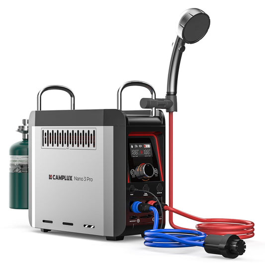 CAMPLUX Nano 3 Pro, Battery Powered Portable Water Heater, 1 lb On-Demand Propane Camping Shower, On Ground Camp Water Heater & Shower Pump, CSA Certified Safety