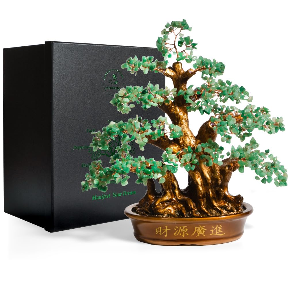 GEMBOURY Natural Aventurine (1,300 Gemstone Count) Chakra Crystal Tree with Healing Properties - Home & Office Bonsai Feng Shui Money Tree Decoration for Luck, Success and Intelligence - 18"
