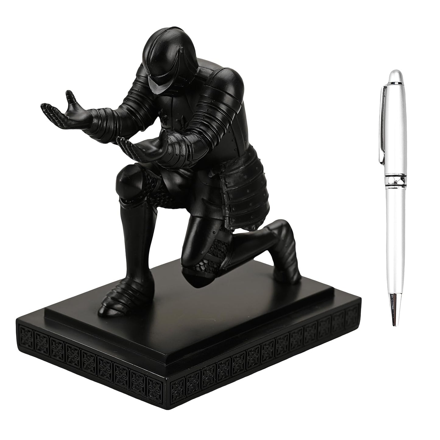 Amoysanli Knight Pen Holder Desk Organizers and Accessories Desk Decor Resin Pen Holder as Gift with a Cool Pen for Office and Home (Black)