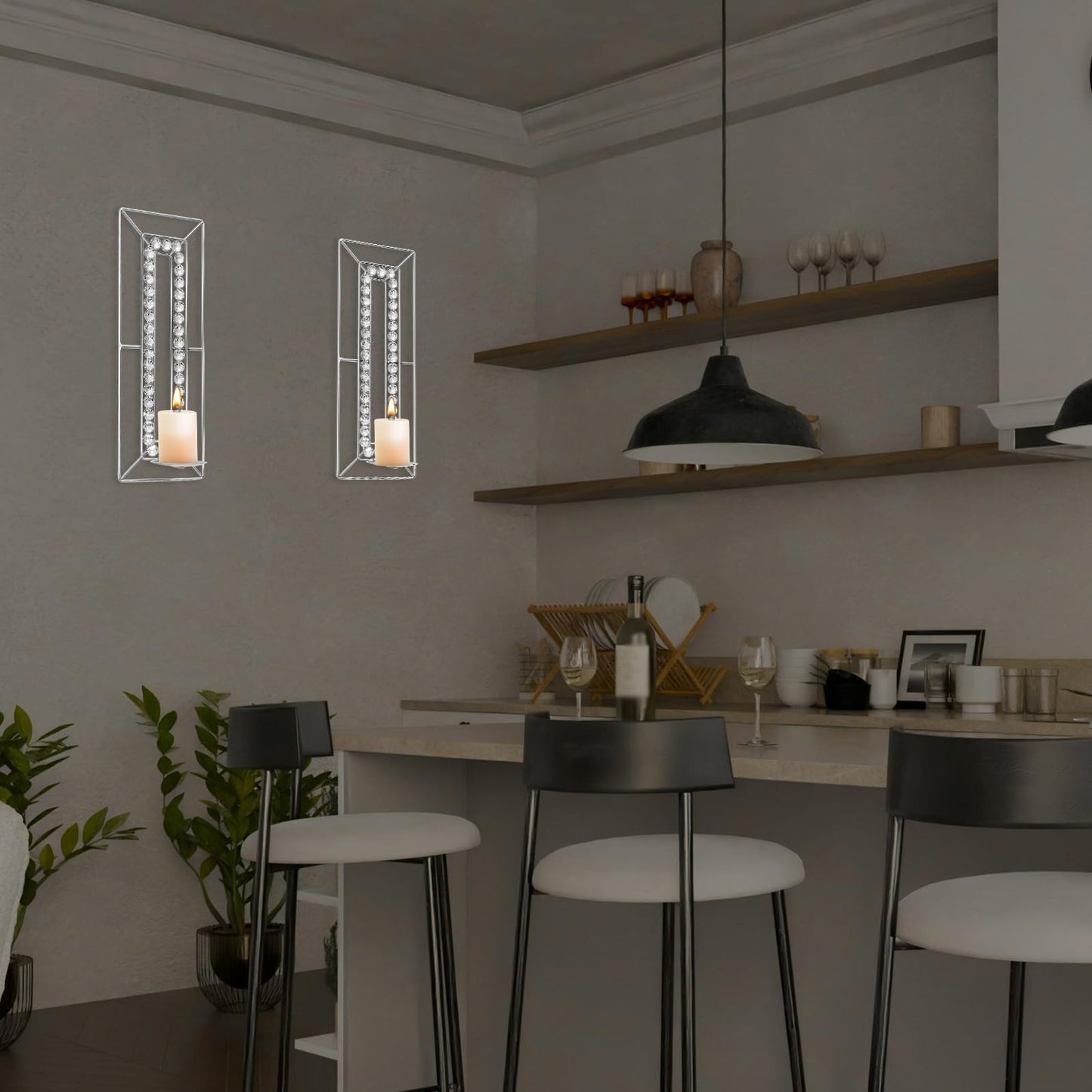 Sxnzequnze Crystal Candle Holder Silver Wall Sconces Set of 2 Glam Room Decor Wall Art Luxury Decorations Fireplace Mantel Decor Home Décor Accents for Living Room Kitchen Bedroom Dining Room Bathroom