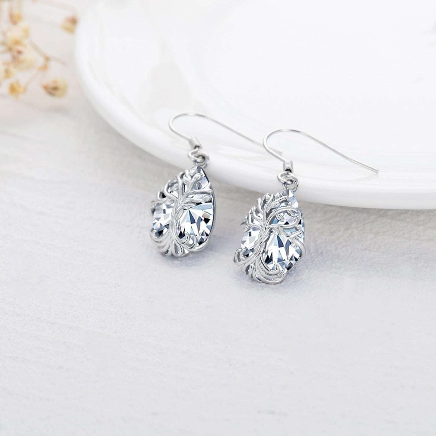 TOUPOP Diamond Tree of Life Earrings Sterling Silver Teardrop April Birthstone Earrings Family Tree Diamond Jewelry Birthday Mothers Day Gifts for Women Mom Her