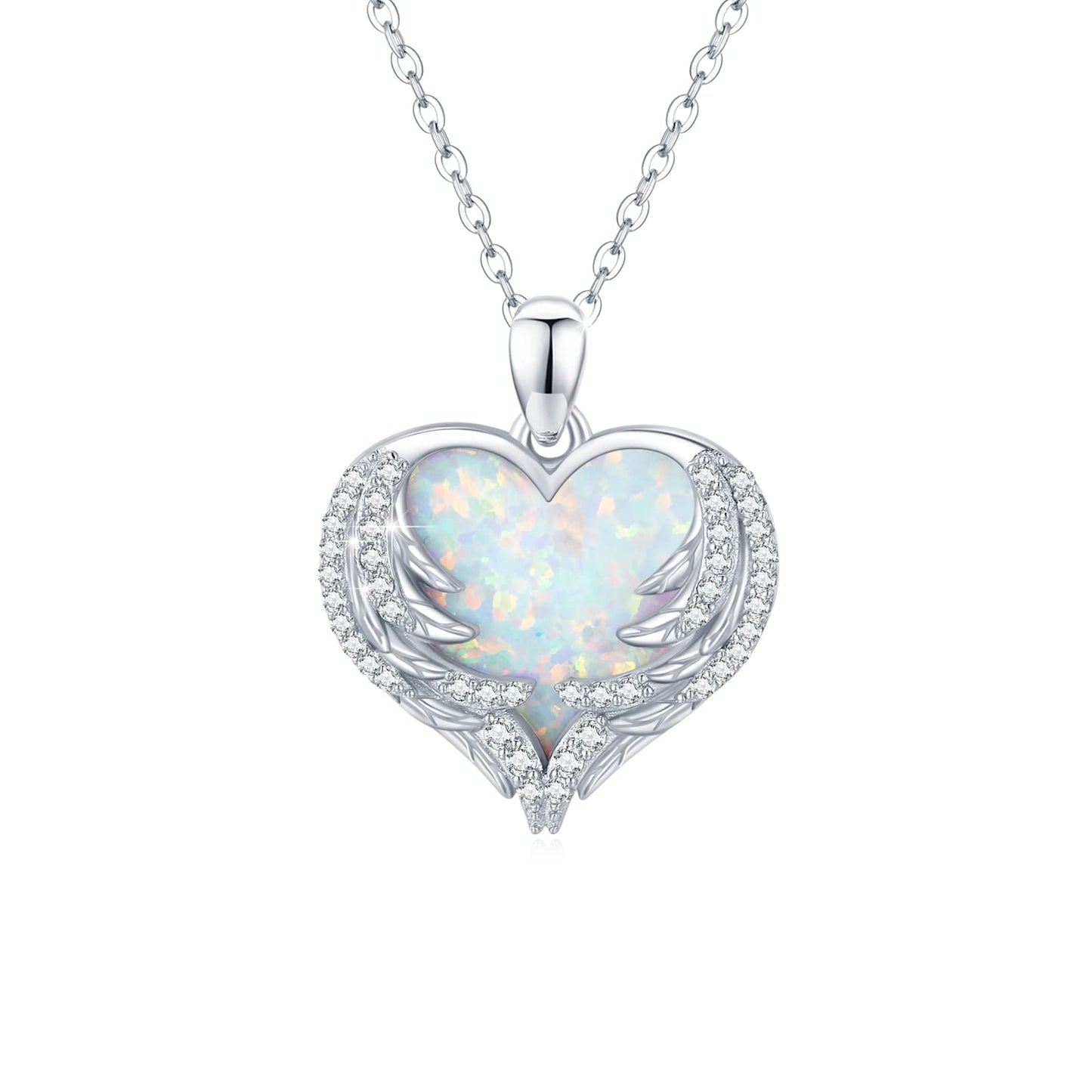 CUOKA MIRACLE Angel Wing Heart Opal Necklace 925 Sterling Silver Women's Guardian Angel Wings Pendant Necklace Dainty White Opal Jewelry for Women Birthday Gifts for Mom Women