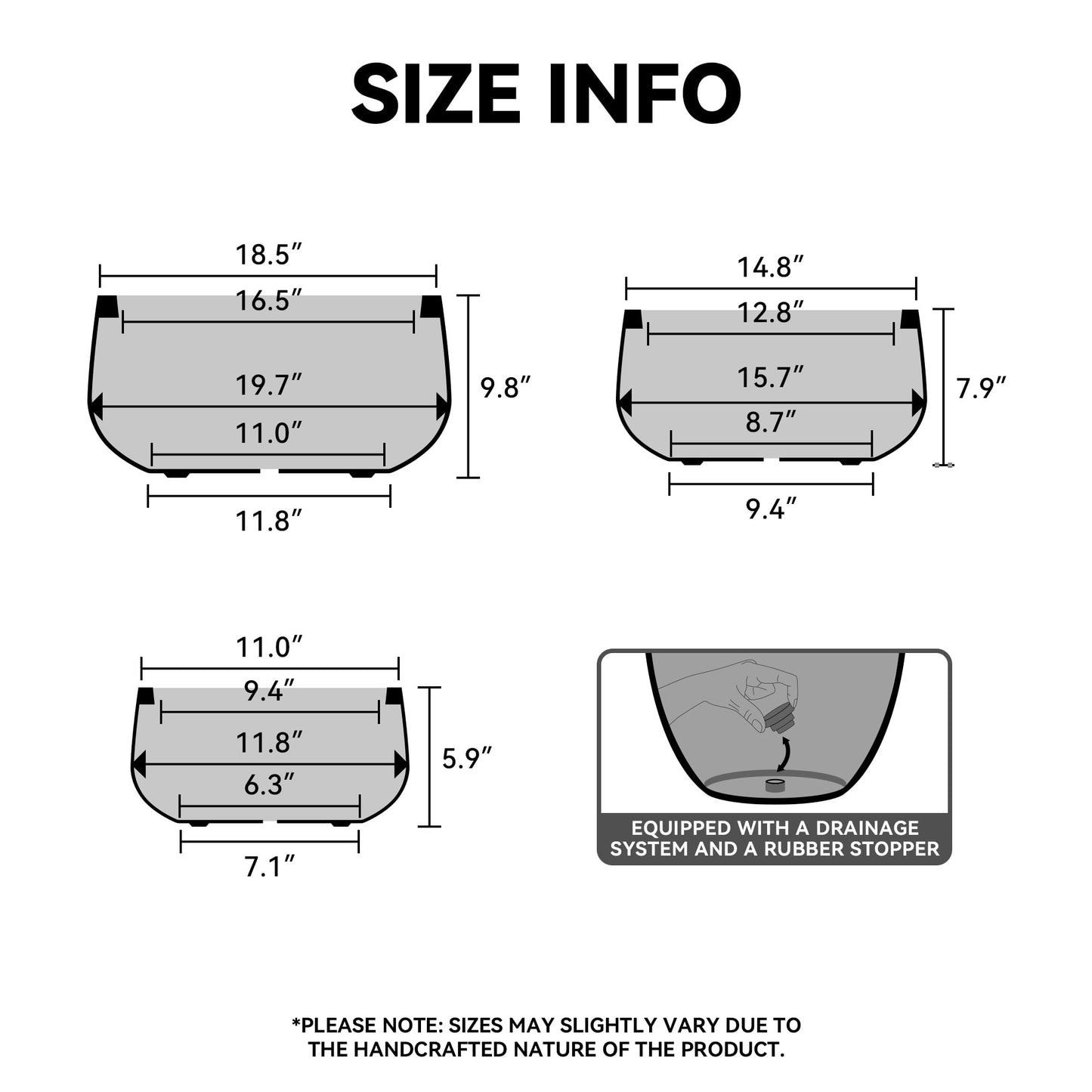 Kante 19.7,15.7,11.8 Inch-Dia Round Concrete Bonsai Planter with Drainage Hole, Large Plant Pot for Indoor Outdoor Plants, Suitable for Patio, Garden, Home, Concrete Gray